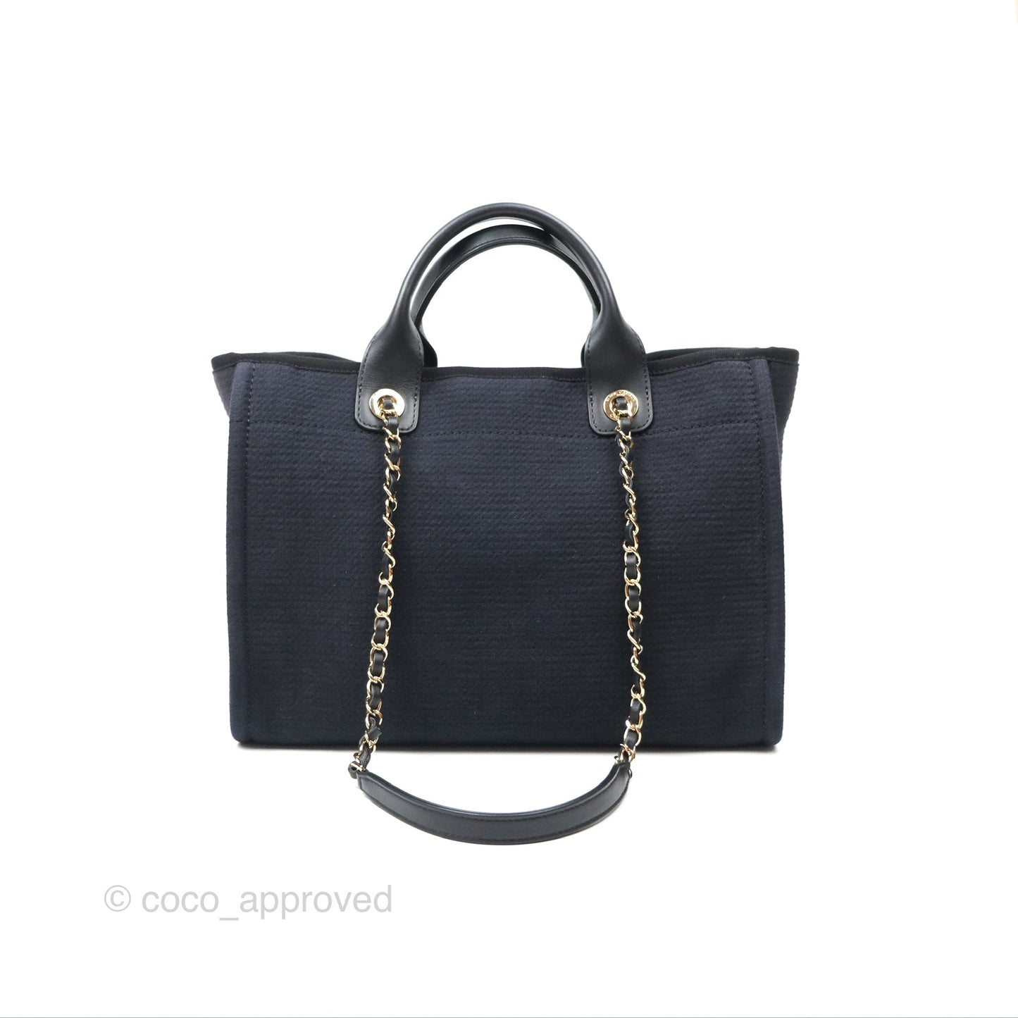 Chanel New Small Deauville Tote Dark Navy Cotton Raffia Logo