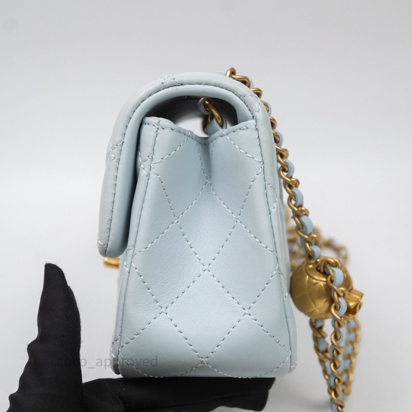 Chanel Pearl Crush Mini Rectangular Light Blue Lambskin Aged Gold Hardware