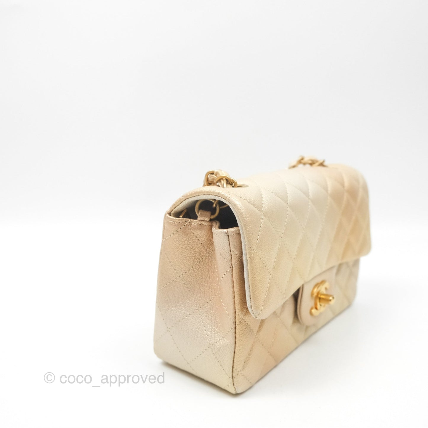 Chanel Mini Rectangular Flap Beige Ombre Iridescent Goatskin Aged Gold Hardware 22C