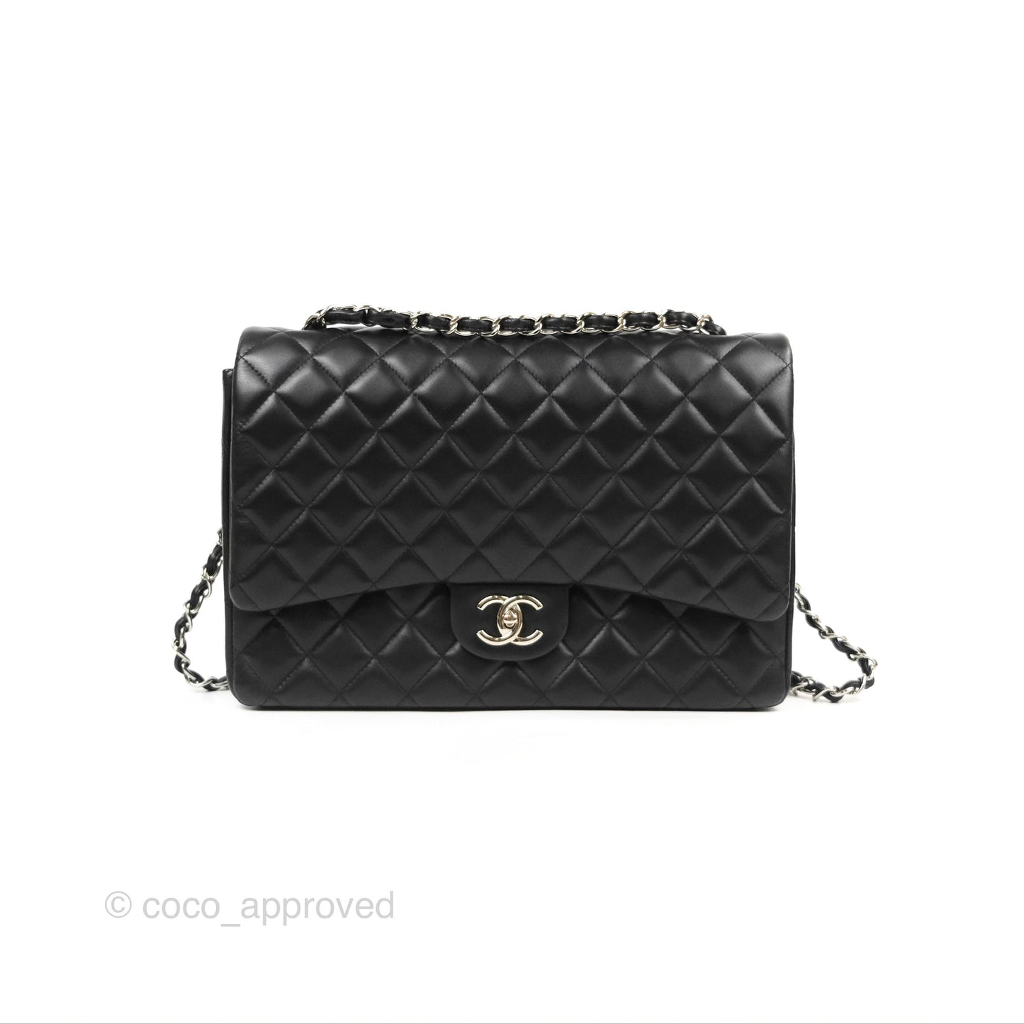Chanel Quilted Maxi Double Flap Black Lambskin Silver Hardware