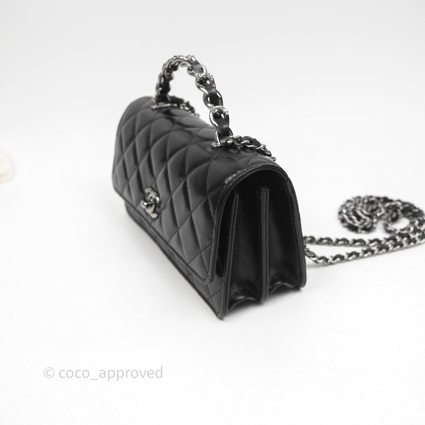 Chanel Mini Crystal Top Handle Wallet On Chain WOC Black Calfskin Gun Metal Hardware 23K