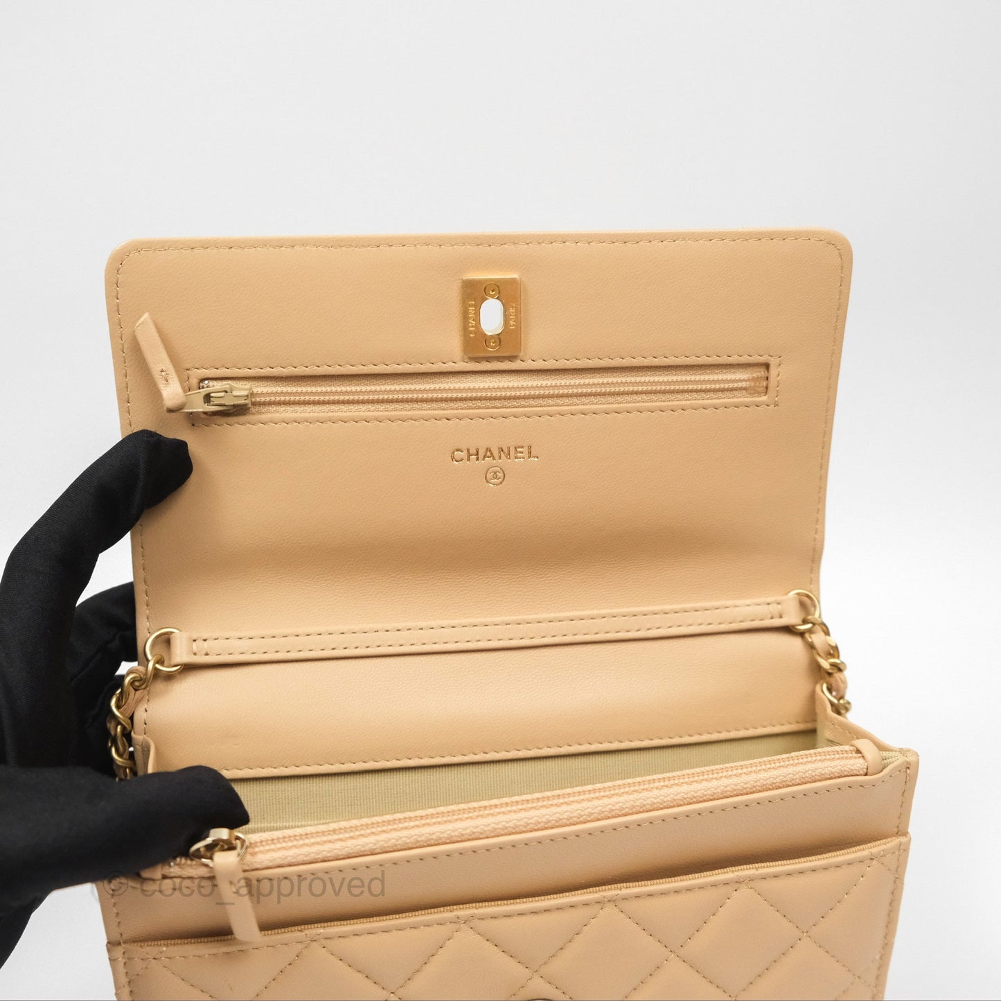 Chanel Quilted Pearl Crush Wallet on Chain WOC Beige Lambskin Aged Gold Hardware