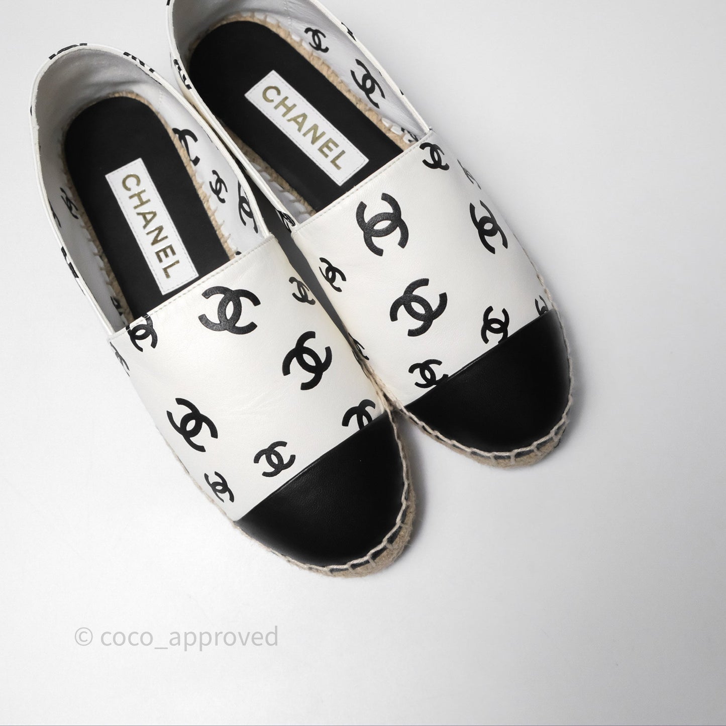 Chanel Printed CC Espadrilles Lambskin White/ Black Size 38
