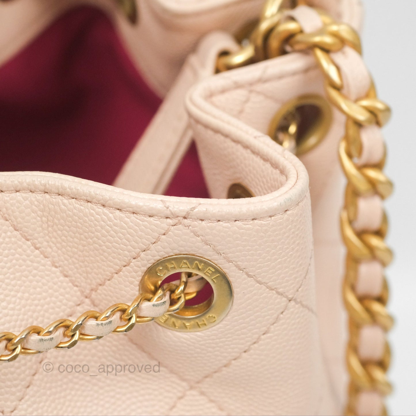 Chanel Quilted Top Handle Drawstring Bucket Bag Pink Caviar Aged Gold Hardware