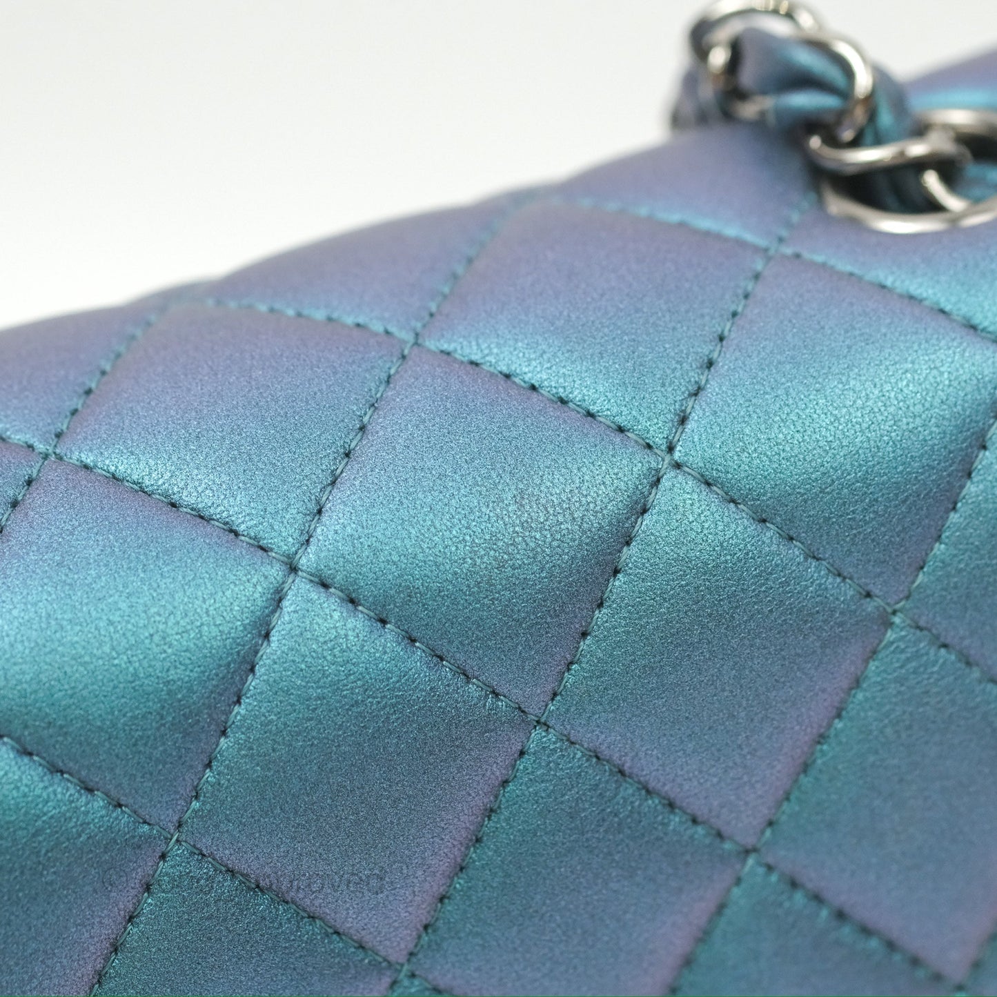 Chanel Mini Square Flap Quilted Iridescent Teal Lambskin Gun Metal