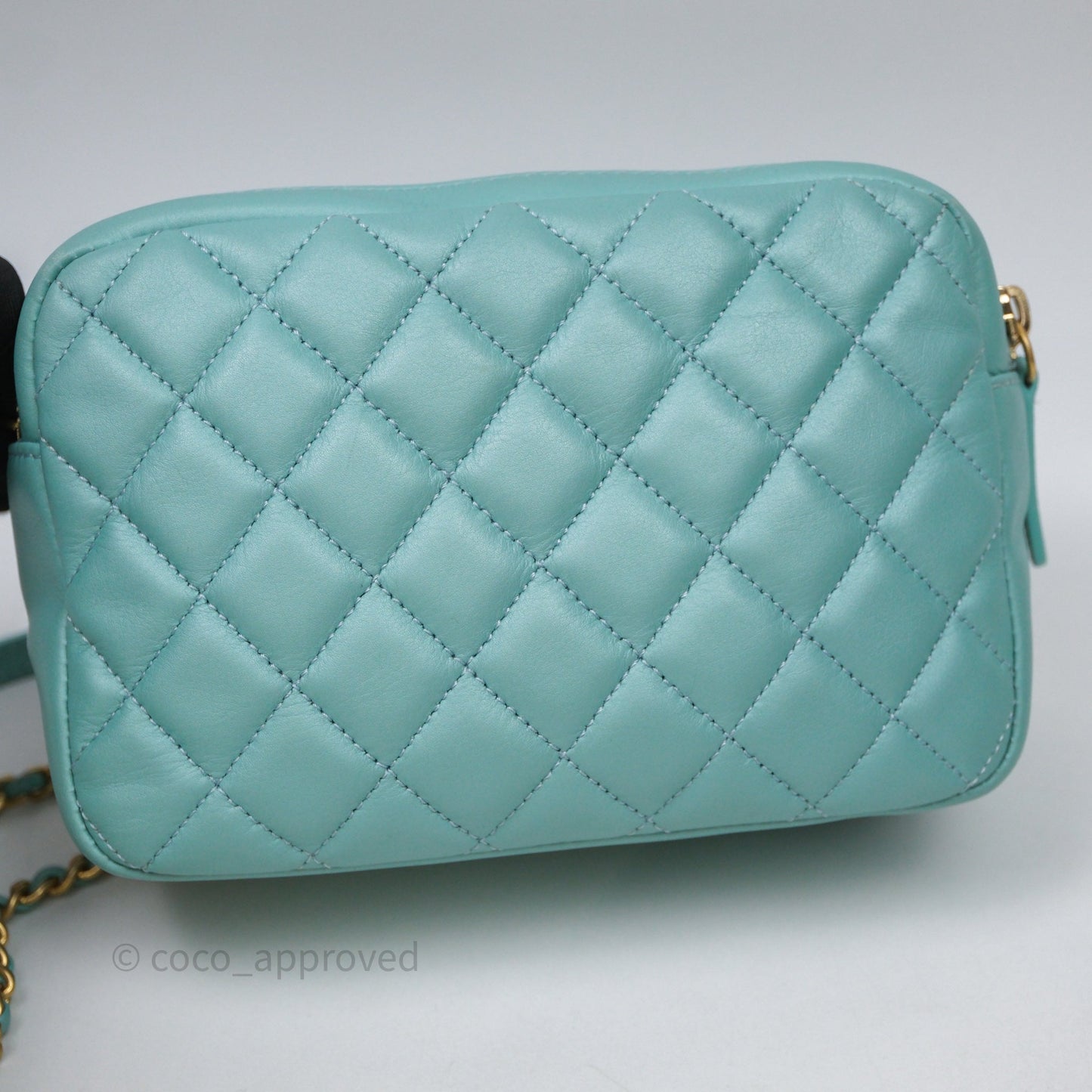 Chanel Camera Bag Quilted Pearly Turquoise Lambskin Aged Gold Hardware