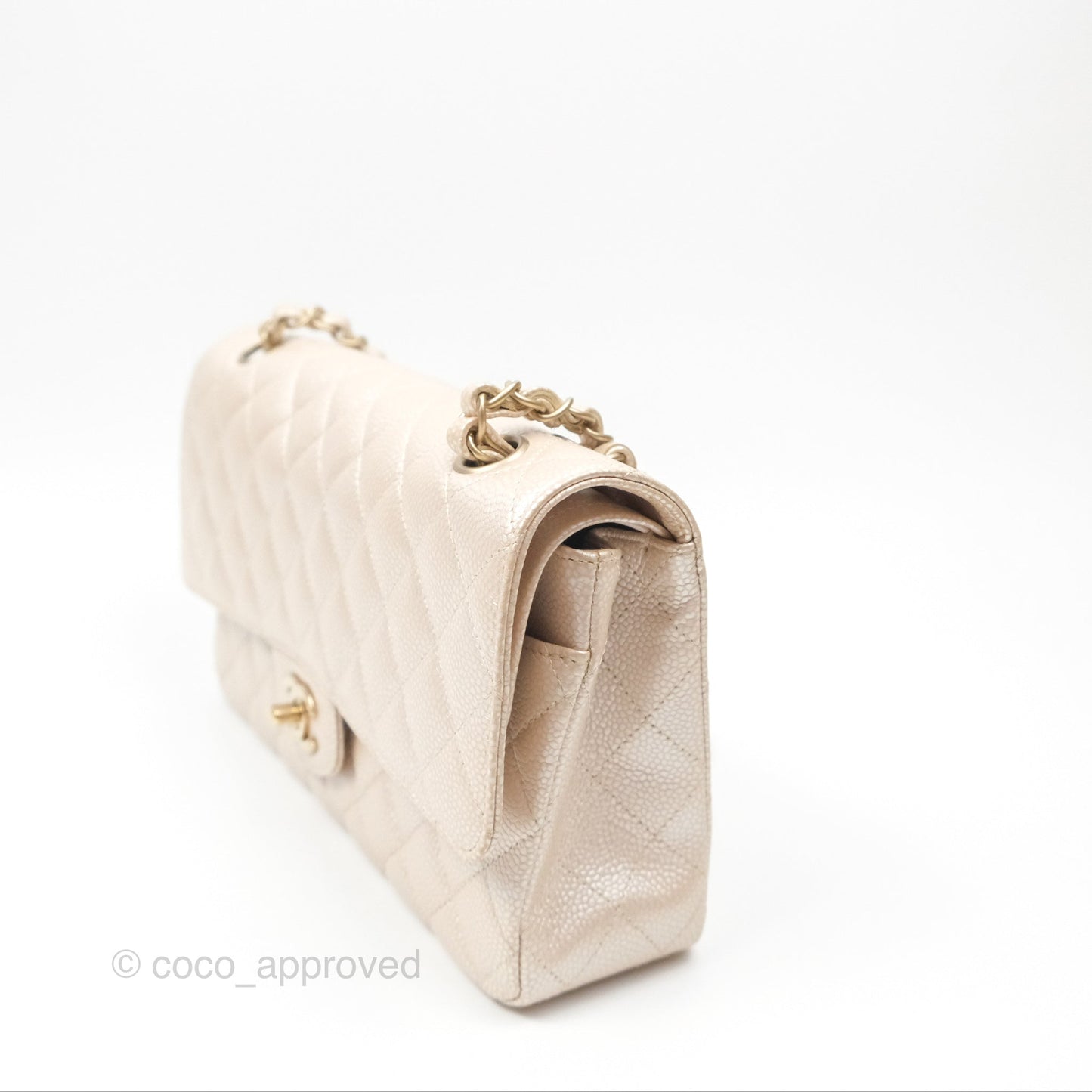 Chanel Classic M/L Medium Flap Quilted Pearly Ivory Beige Caviar Matte Gold Hardware 12P