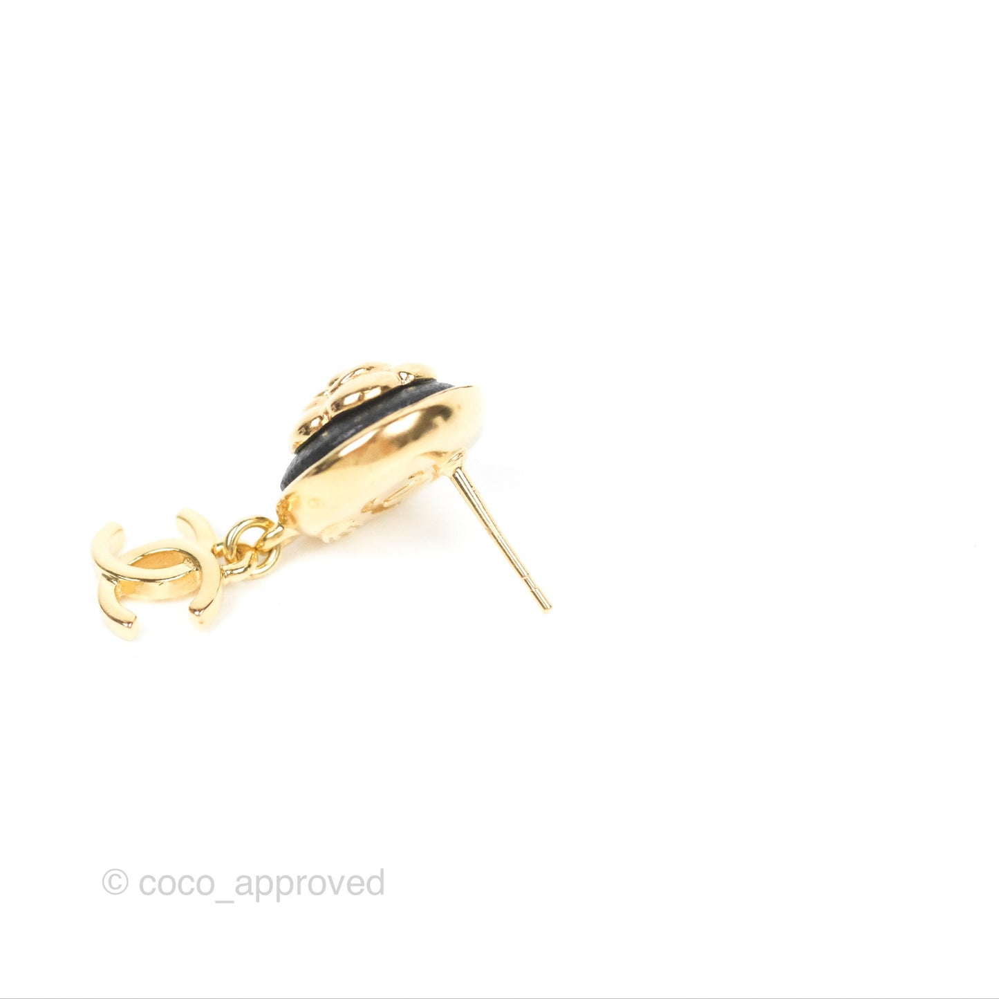 Chanel Black Round Camellia CC Earrings Gold Tone 22A