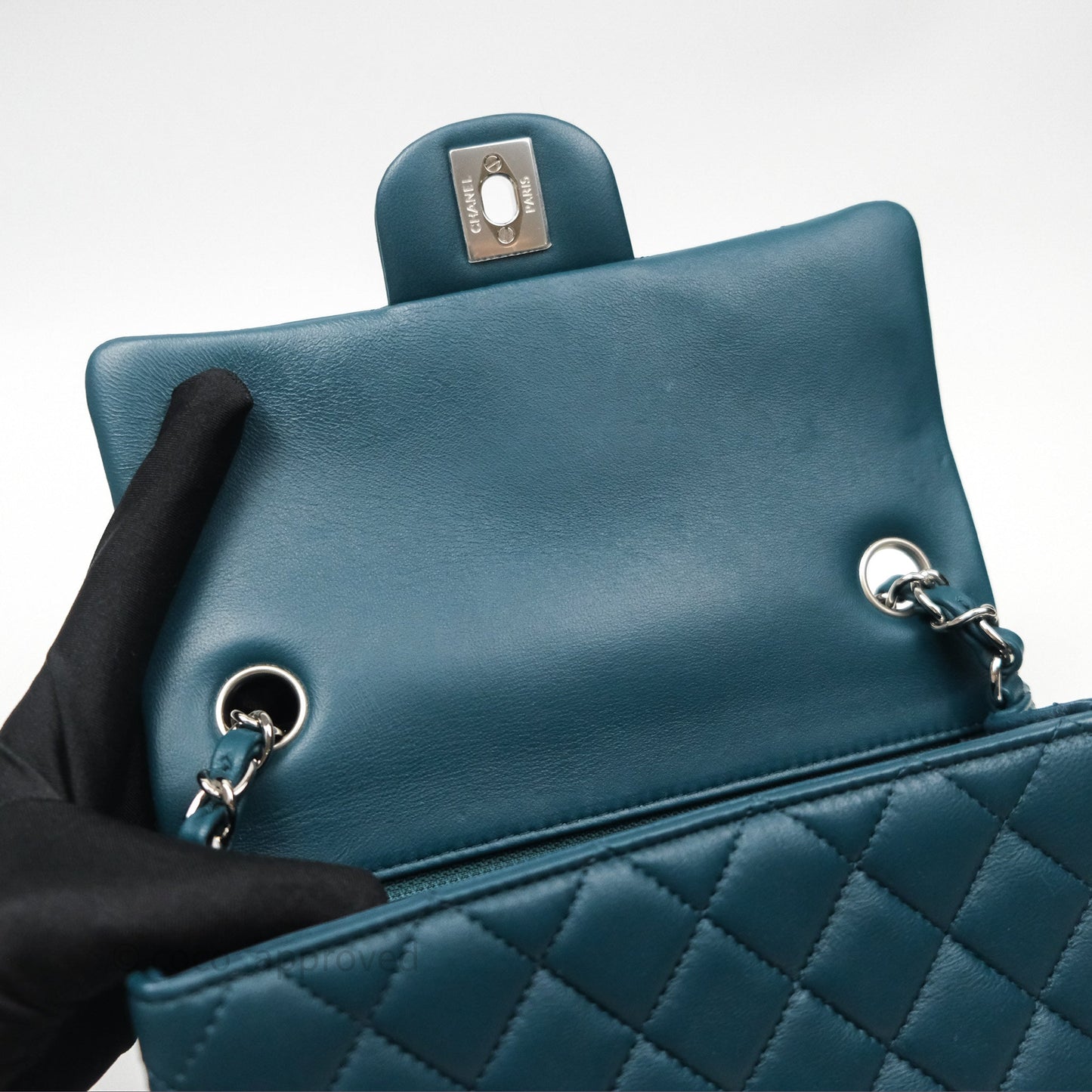 Chanel Quilted Mini Rectangular Flap Teal Green Lambskin Silver Hardware