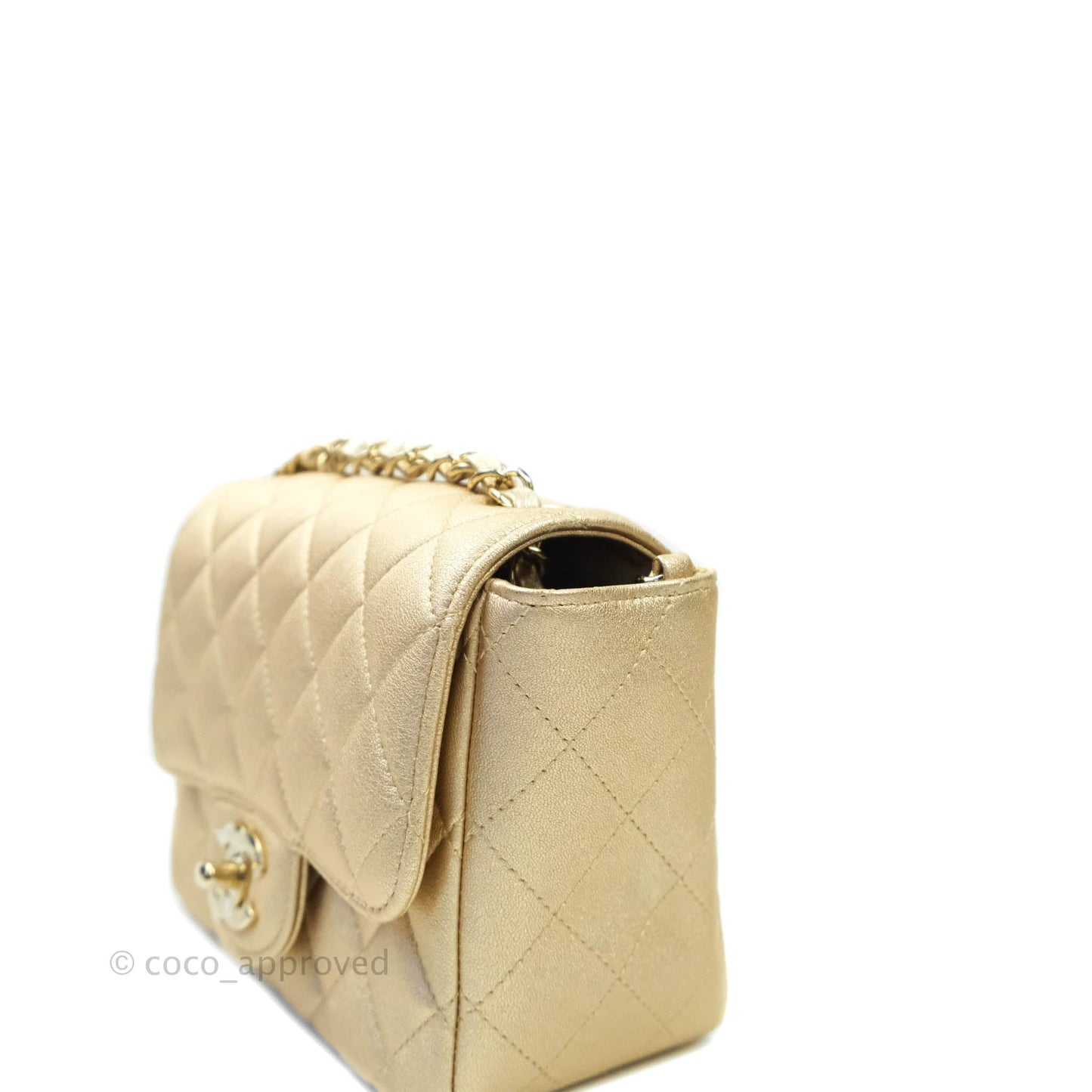 Chanel Classic Quilted Mini Square Flap Iridescent Gold Gold Hardware 21P