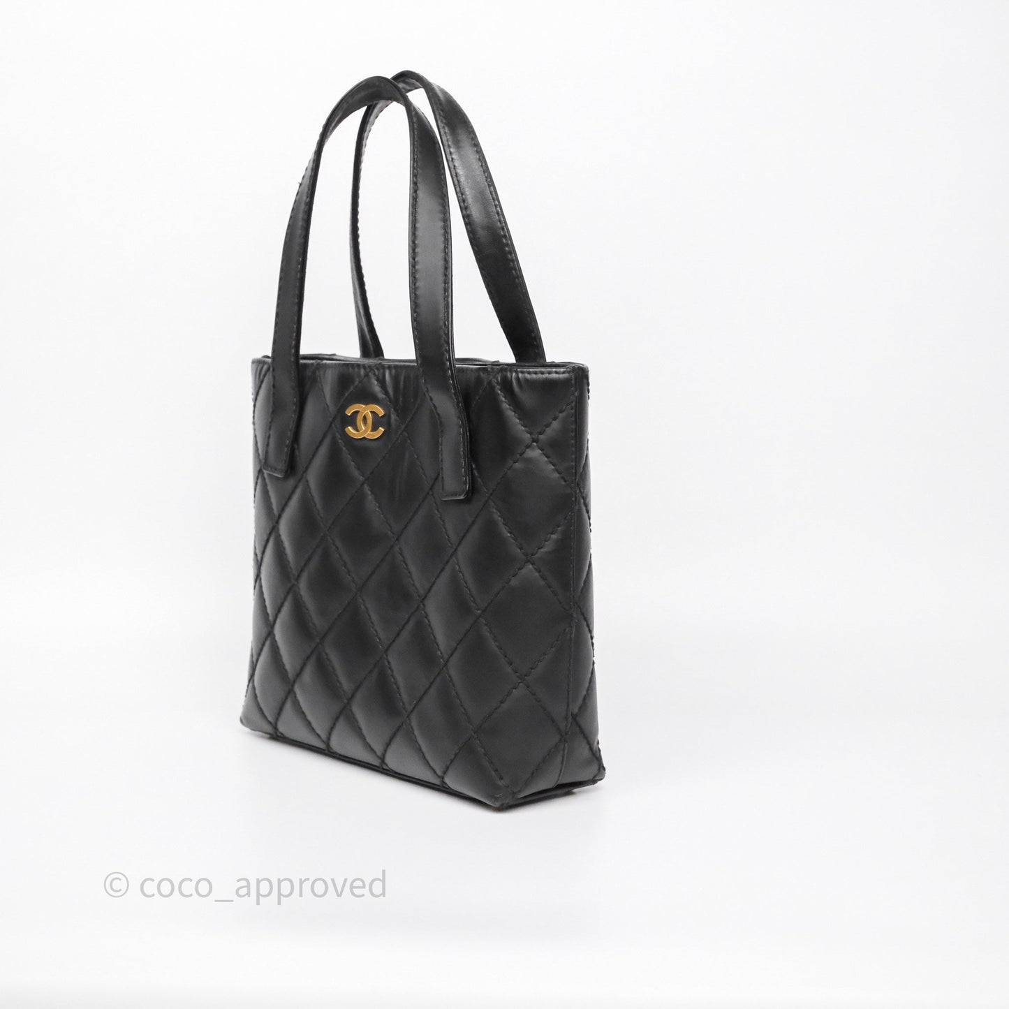 Chanel Vintage Quilted CC Tote Bag Matte Black Calfskin Gold Hardware