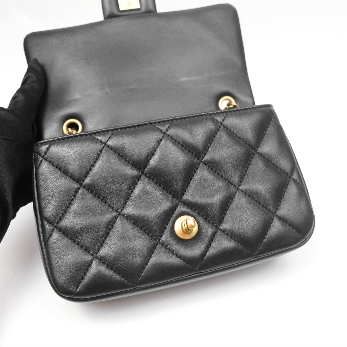 Chanel Mini Flap Bag With Heart CC Charm Black Lambskin Aged Gold Hardware 22B