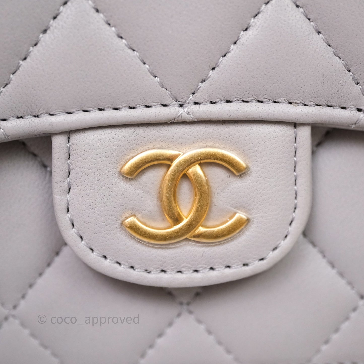 Chanel Mini Handle Flap Coin Purse With Chain Grey Lambskin Aged Gold Hardware