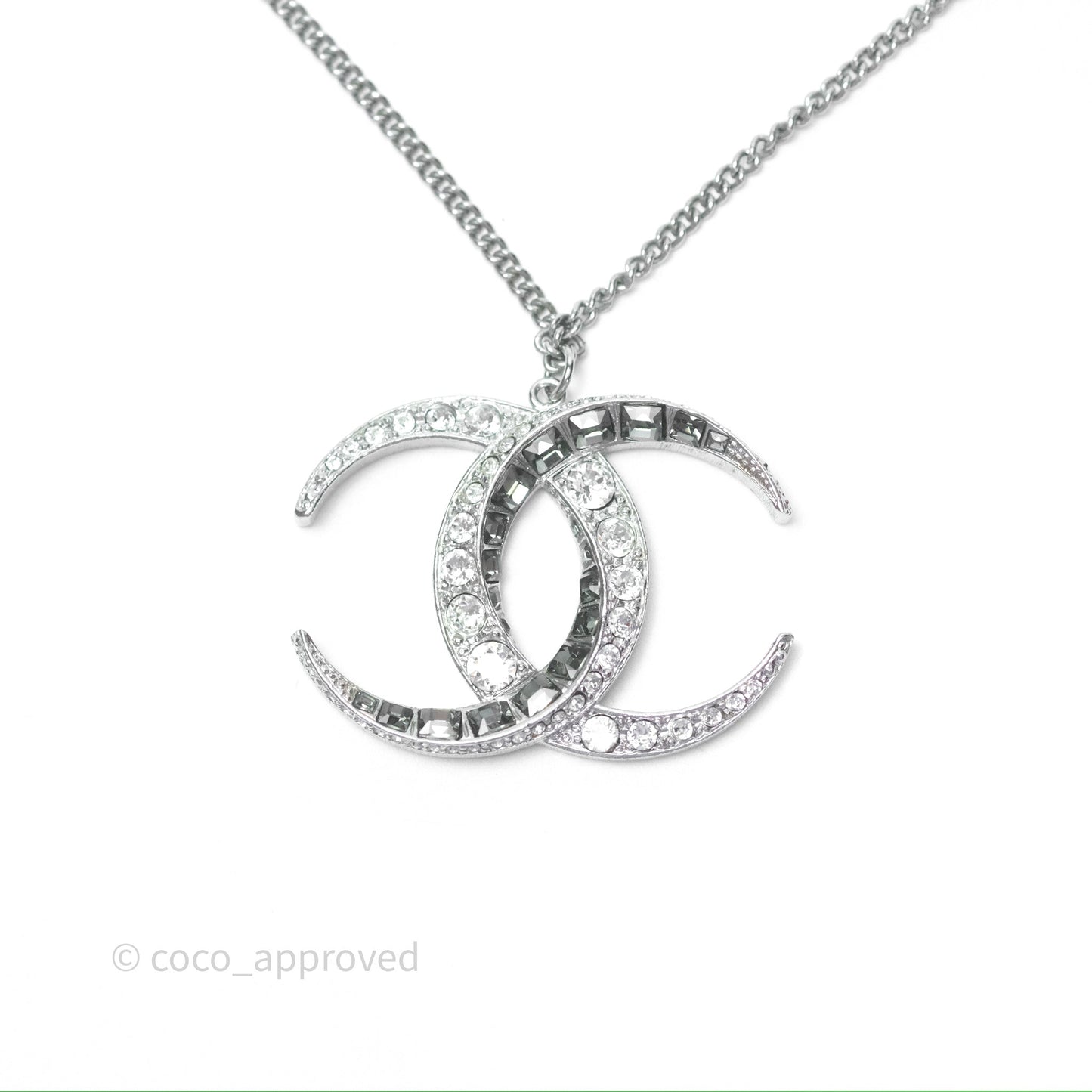 Chanel Crystal CC Long Necklace Silver Tone 15C