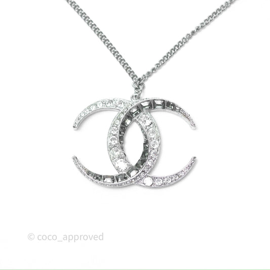 Chanel Crystal CC Long Necklace Silver Tone 15C