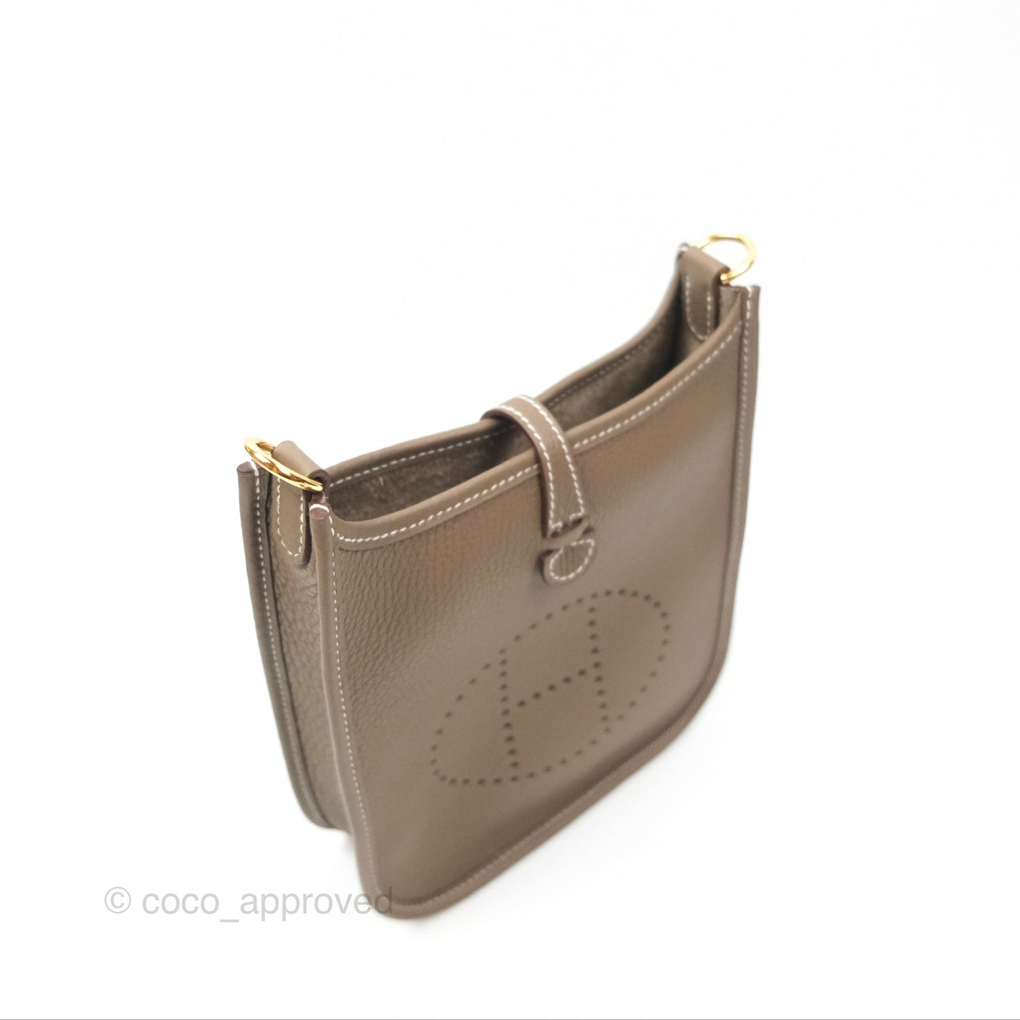 Hermès Mini Evelyne Etoupe Clemence Gold Hardware with Bleu Indigo Strap