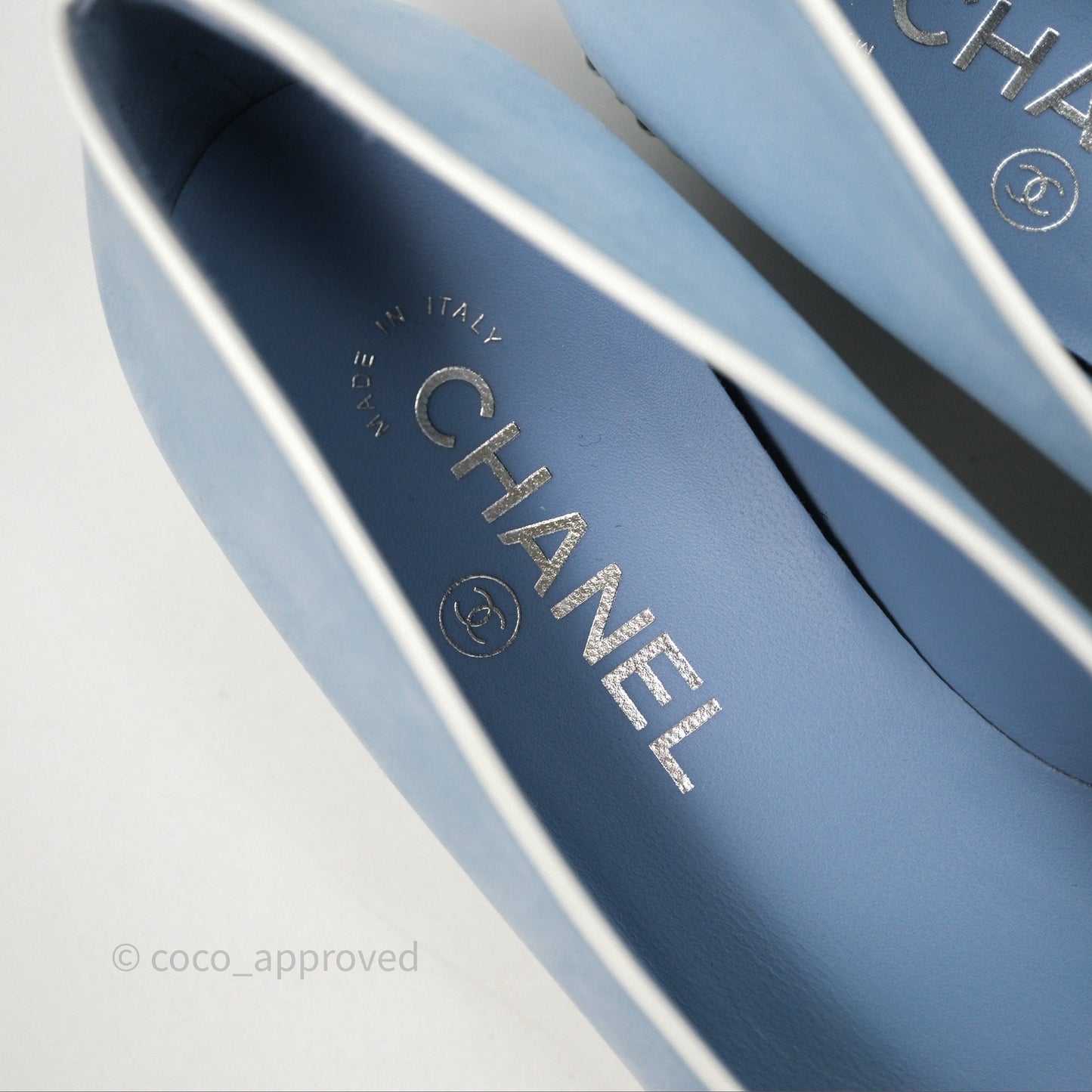 Chanel White Toe Pointed Light Blue Ballerinas With Chain Size 37