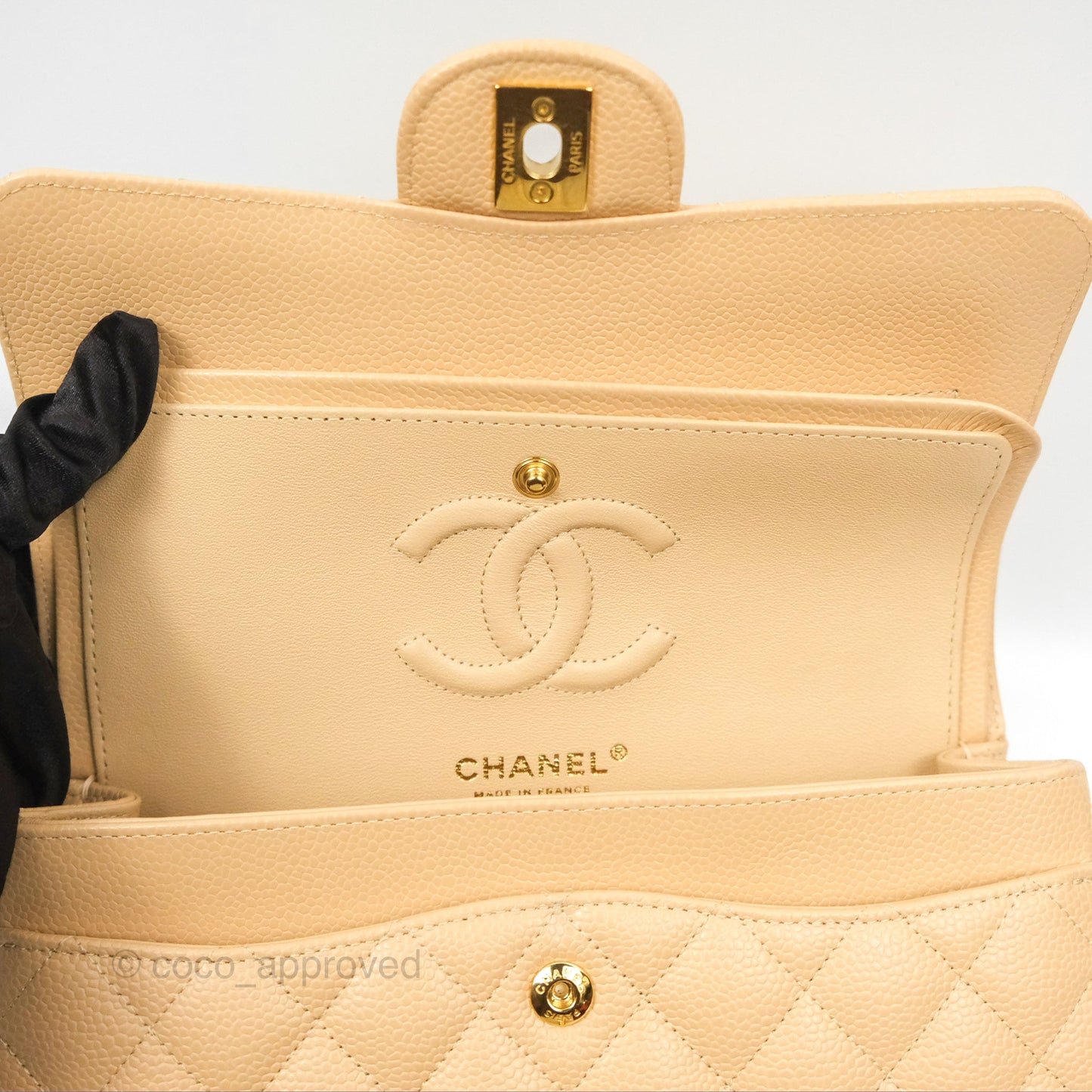Chanel Small Quilted Classic Flap Beige Caviar Gold Hardware