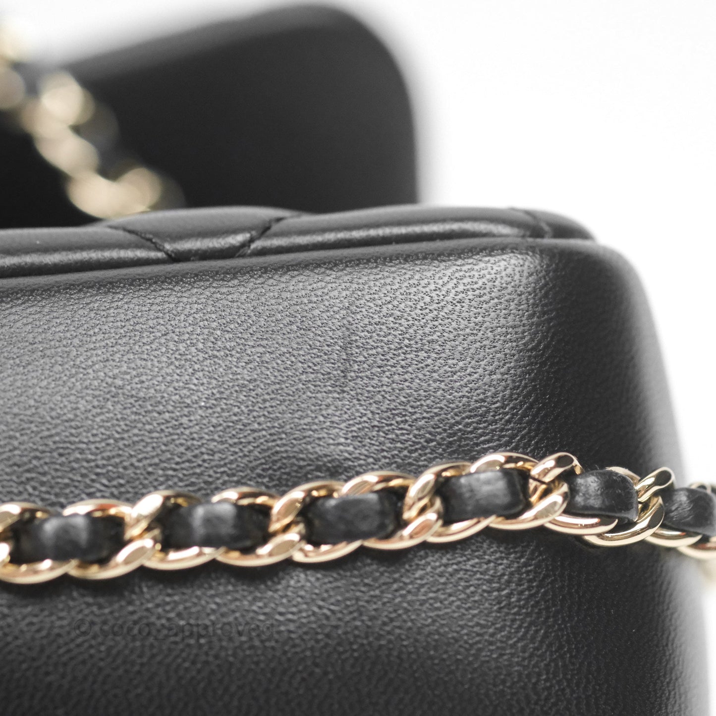 Chanel Logo Pearl Chain Flap Bag Black Lambskin Gold Hardware