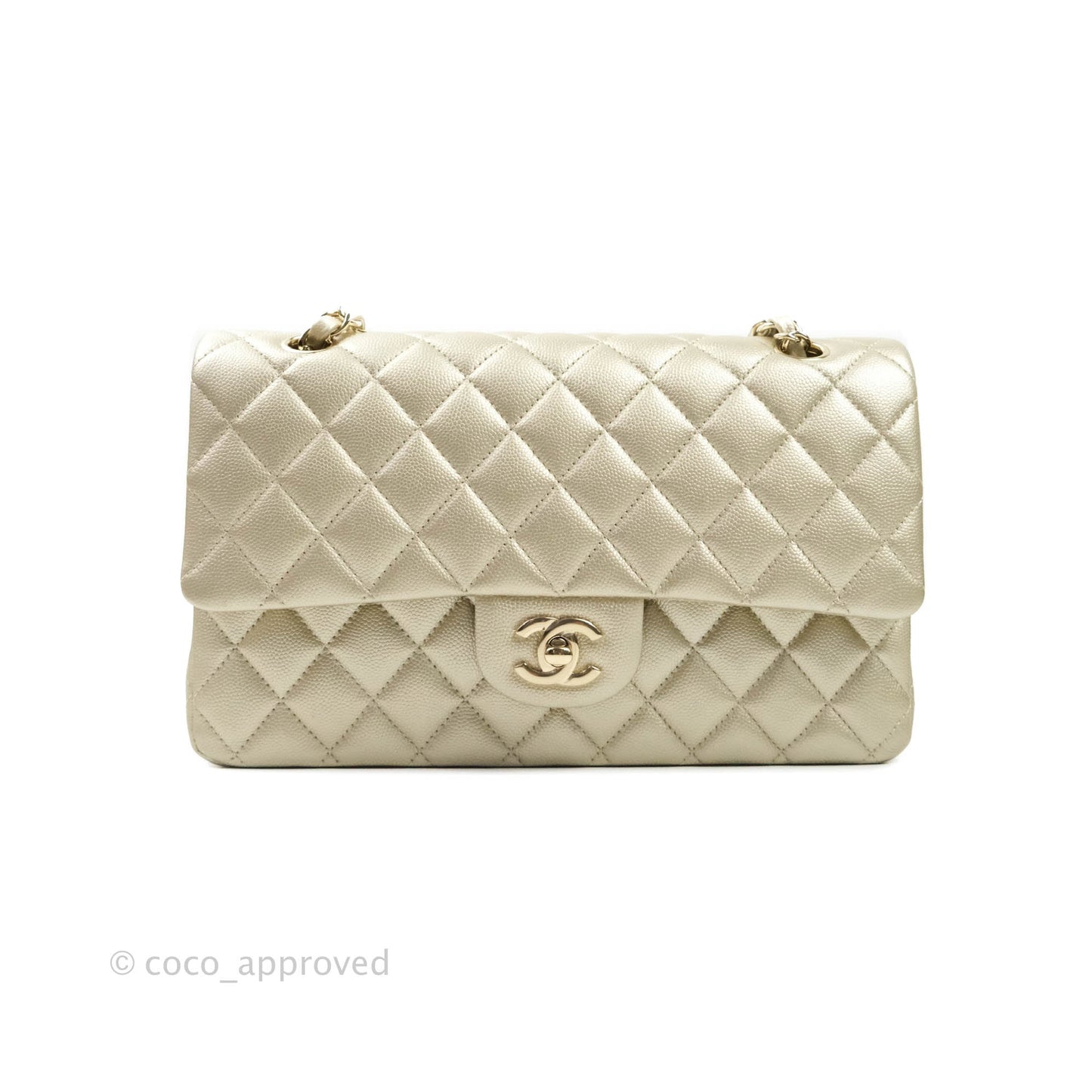 Chanel Classic M/L Medium Double Flap Bag Light Gold Caviar Gold Hardware