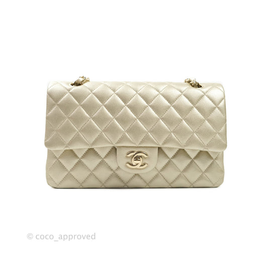 Chanel Classic M/L Medium Double Flap Bag Light Gold Caviar Gold Hardware