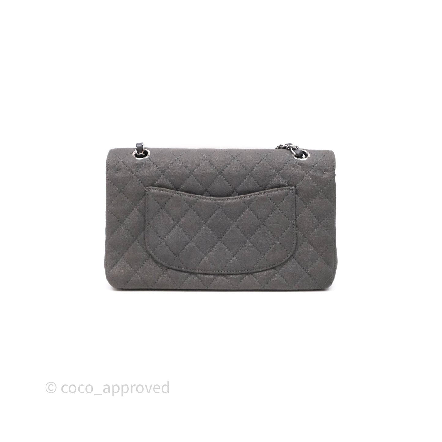 Chanel Classic M/L Medium Flap Quilted Iridescent Metallic Grey Canvas Silver Hardware