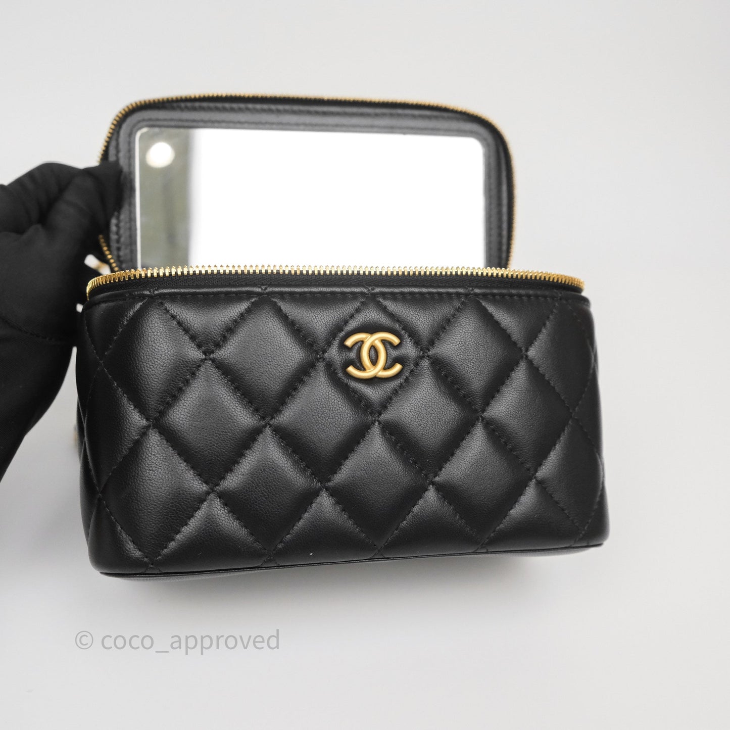 Chanel Vanity with COCO Heart Chain Black Lambskin Aged Gold Hardware