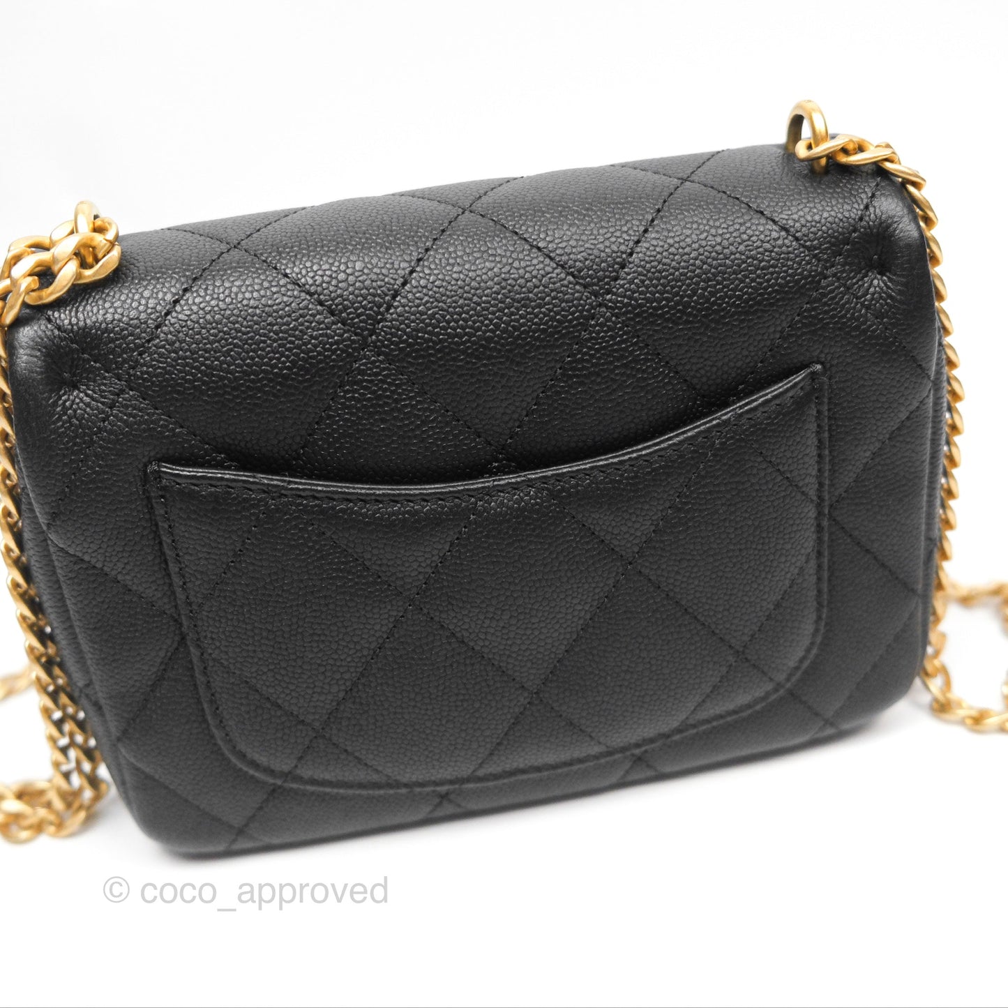 Chanel Mini Flap Bag Heart Adjustable Chain Black Caviar Aged Gold Hardware