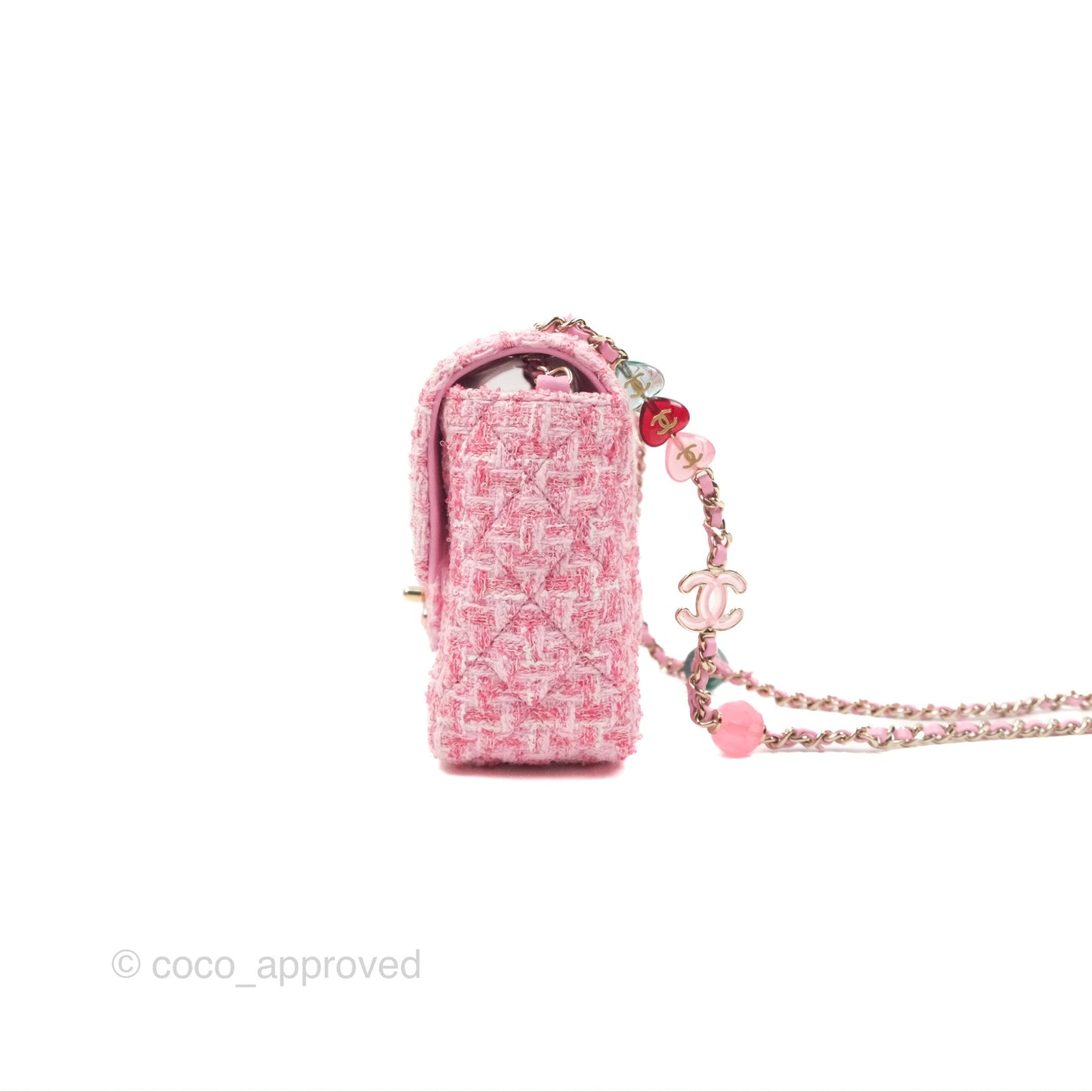 Chanel Flap Bag with Heart Resin Charm Chain Pink Tweed Gold Hardware