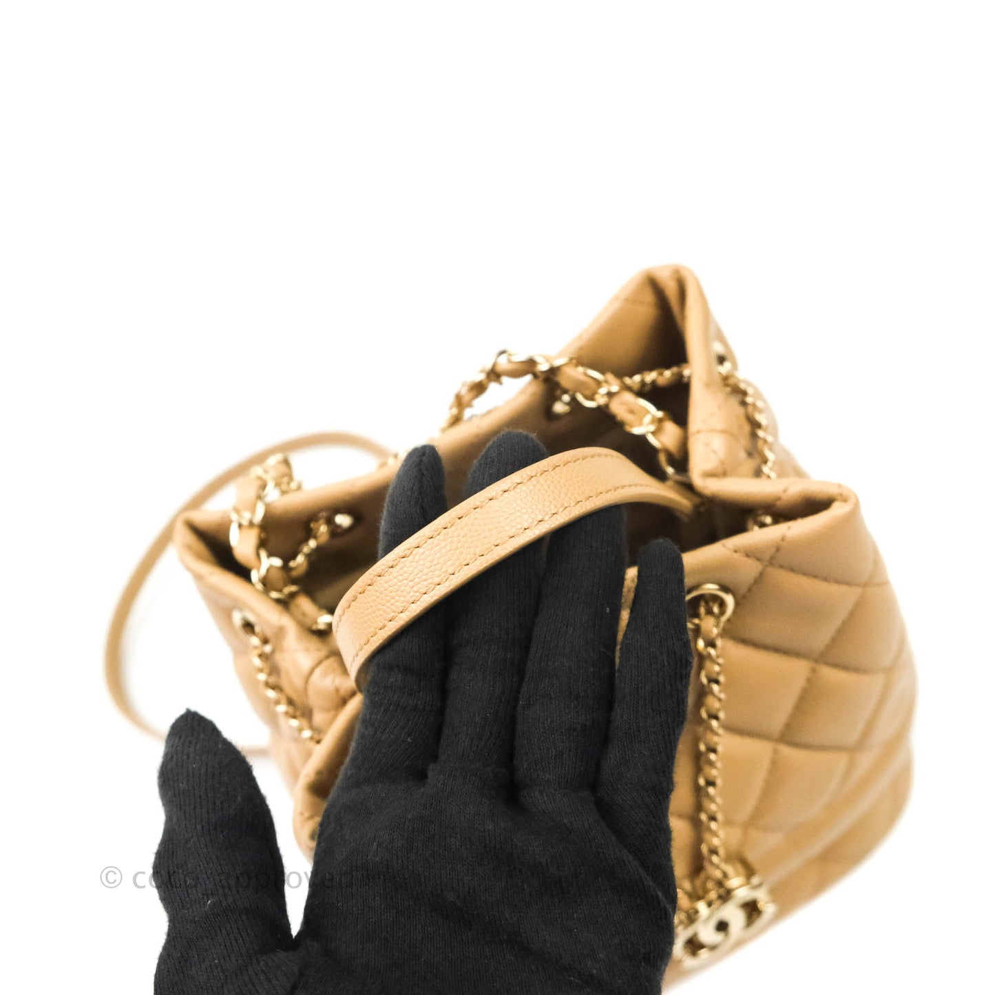 Chanel Caviar Quilted Rolled Up Bucket Drawstring Bag Beige Gold Hardware