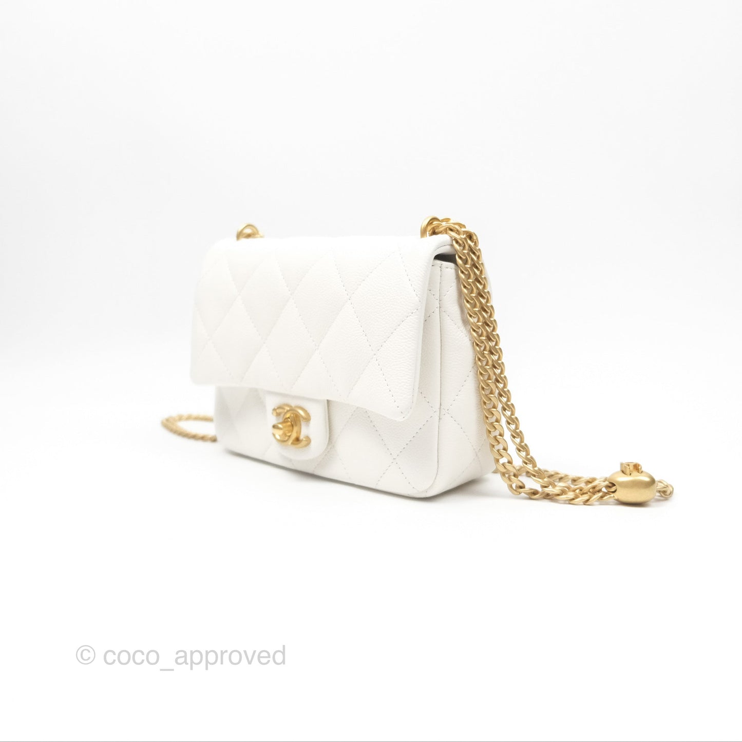 Chanel Mini Flap Bag Heart Adjustable Chain White Caviar Aged Gold Hardware