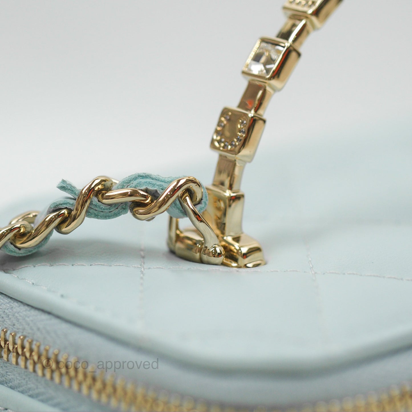 Chanel Vanity Rectangular Logo Crystal Top Handle Light Blue Lambskin Gold Hardware