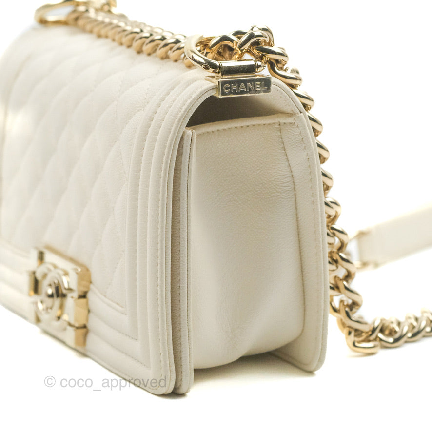 Chanel Small Boy White Caviar Gold Hardware