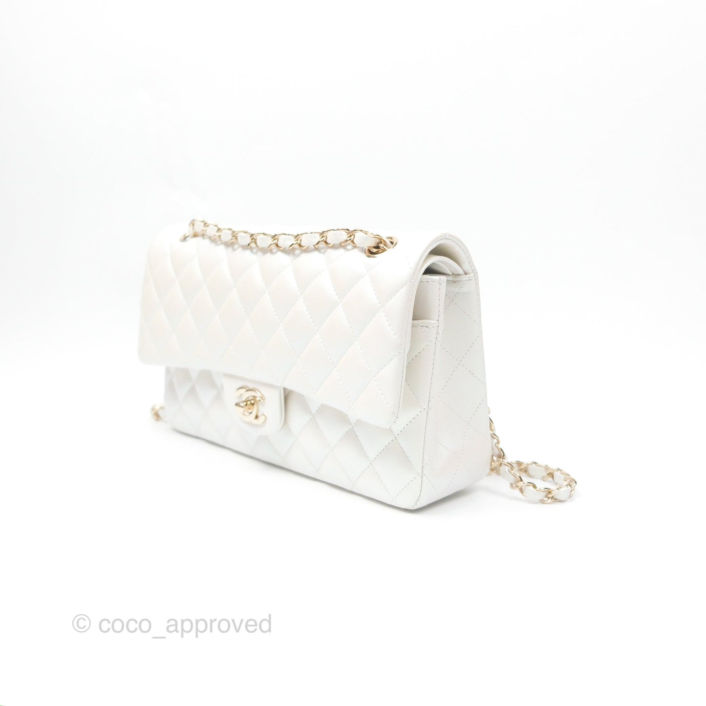 Chanel Classic M/L Medium Double Flap Iridescent White Calfskin Gold Hardware
