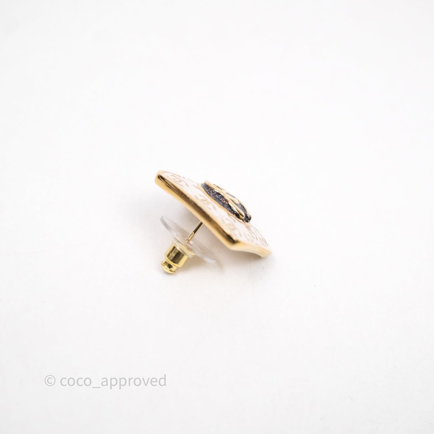 Chanel CC White Resin Square Earrings Gold Tone 24C