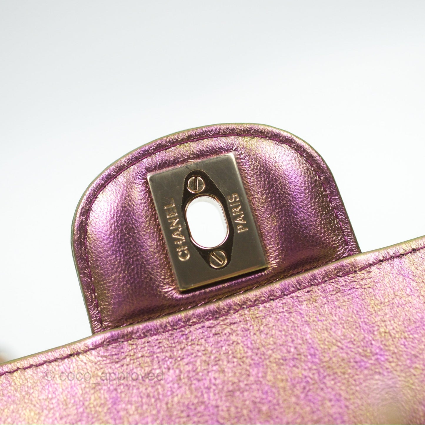 Chanel Classic Quilted Mini Rectangular Flap Metallic Purple Calfskin Gold Hardware