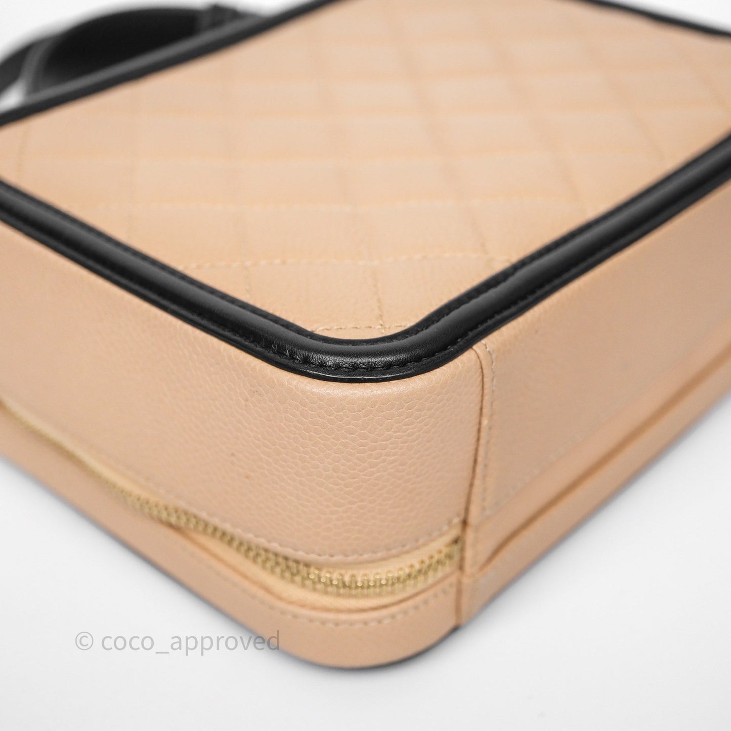 Chanel Quilted Medium CC Filigree Vanity Case Beige Black Caviar Aged Gold Hardware