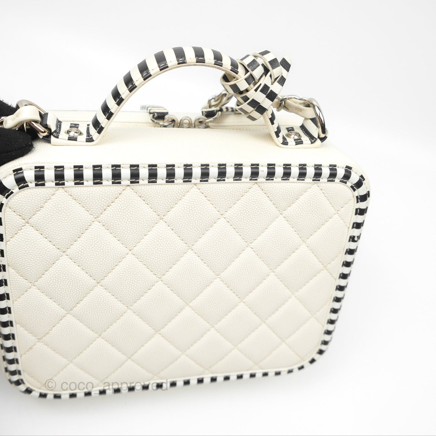 Chanel Quilted Medium CC Filigree Vanity Case White Black Stripe Caviar Silver Hardware