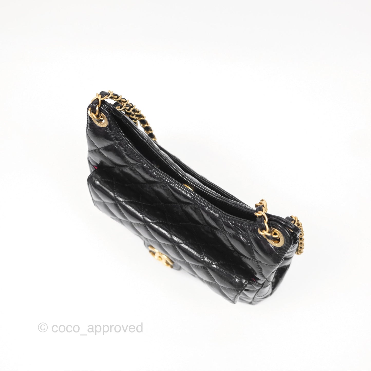 Chanel Medium Quilted Wavy CC Hobo Black Patent Aged Gold Hardware