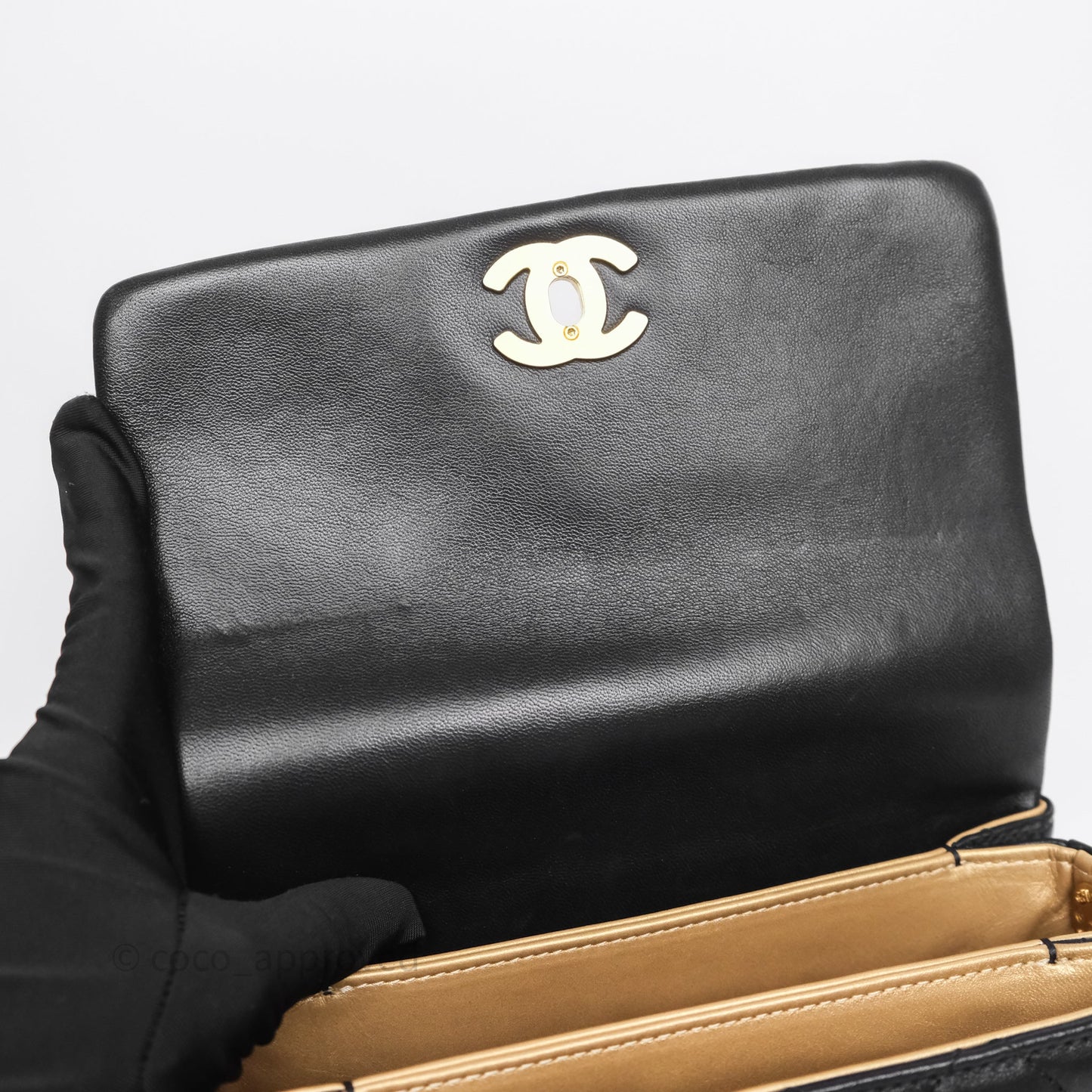 Chanel Quilted Accordion Flap Bag with Button on Chain Black Lambskin Aged Gold Hardware 22A