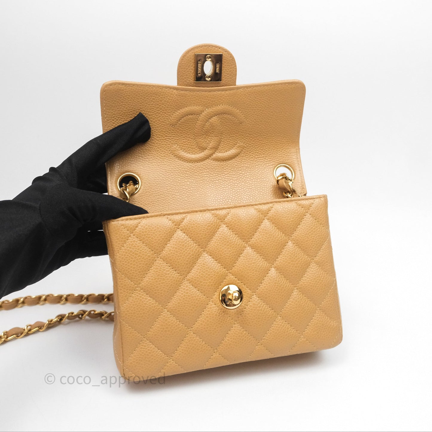 Chanel Vintage Mini Square Quilted Beige Caviar 24K Gold Hardware