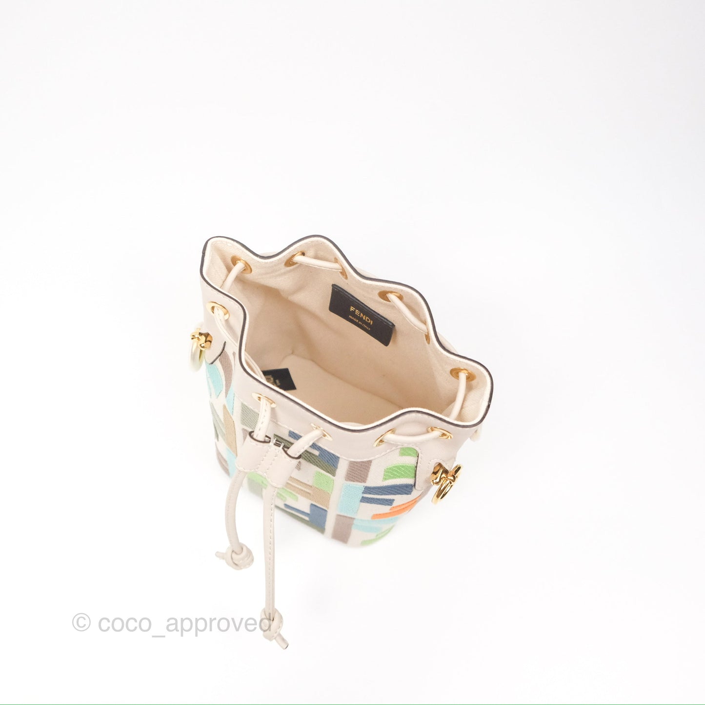 Fendi Mini Mon Tresor Bucket Bag In FF Canvas Grezzo Multicolor Latte Gold Hardware