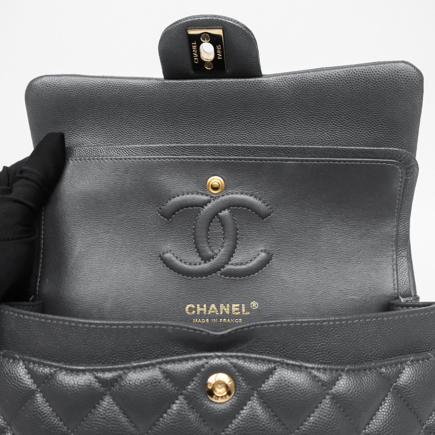 Chanel Small Classic Flap Quilted Dark Grey Caviar Gold Hardware