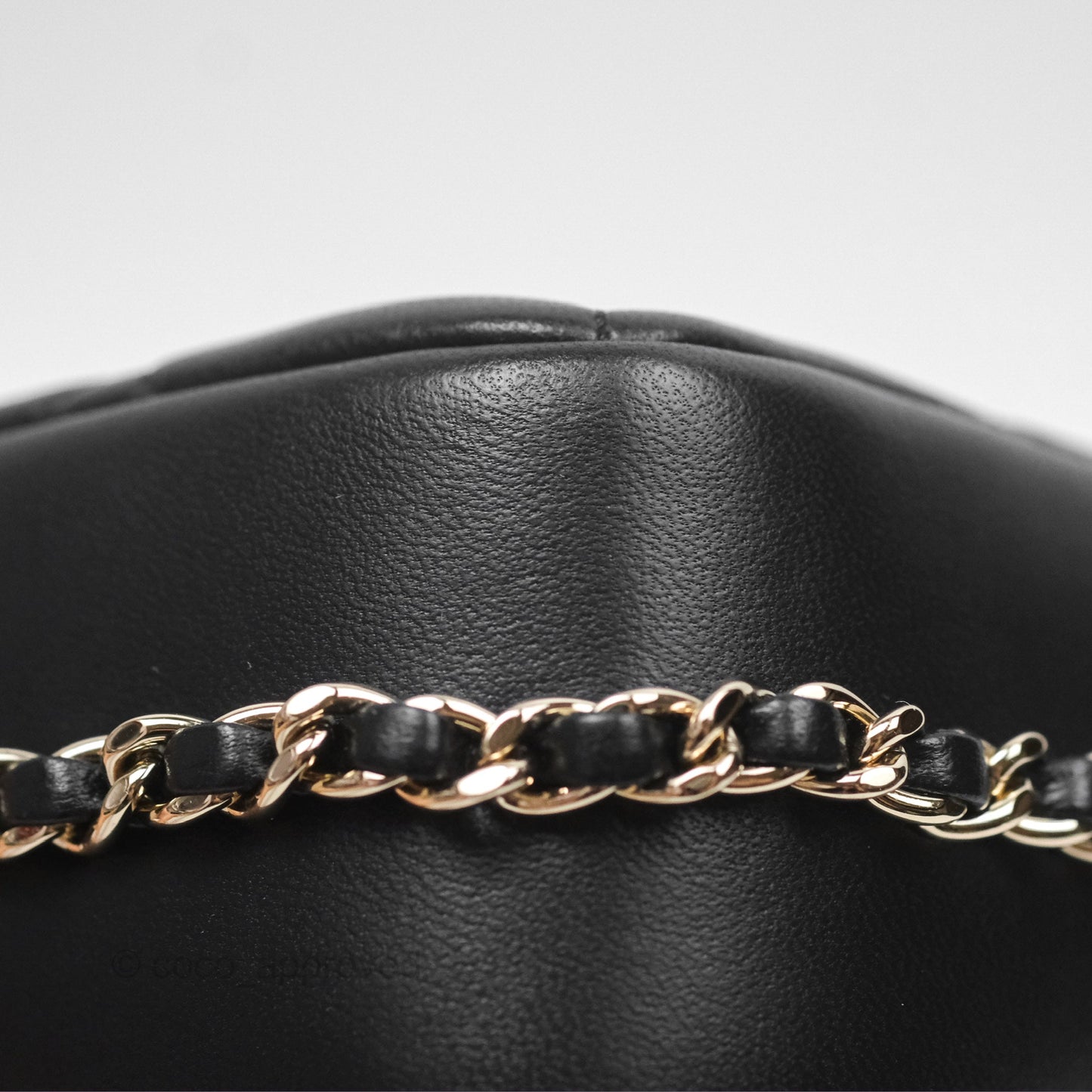 Chanel Logo Pearl Chain Flap Bag Black Lambskin Gold Hardware