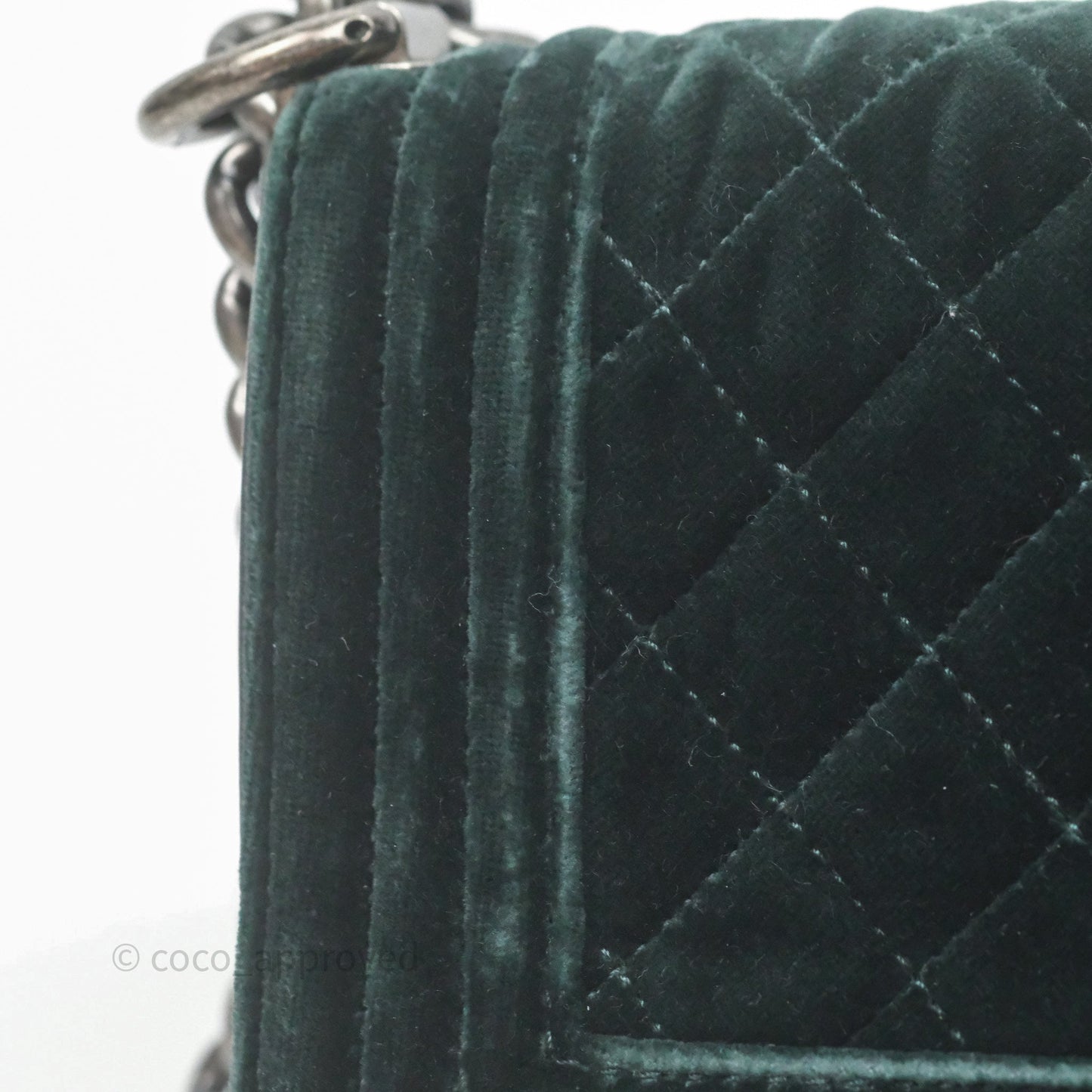 Chanel Small Boy Quilted Dark Green Velvet Ruthenium Hardware