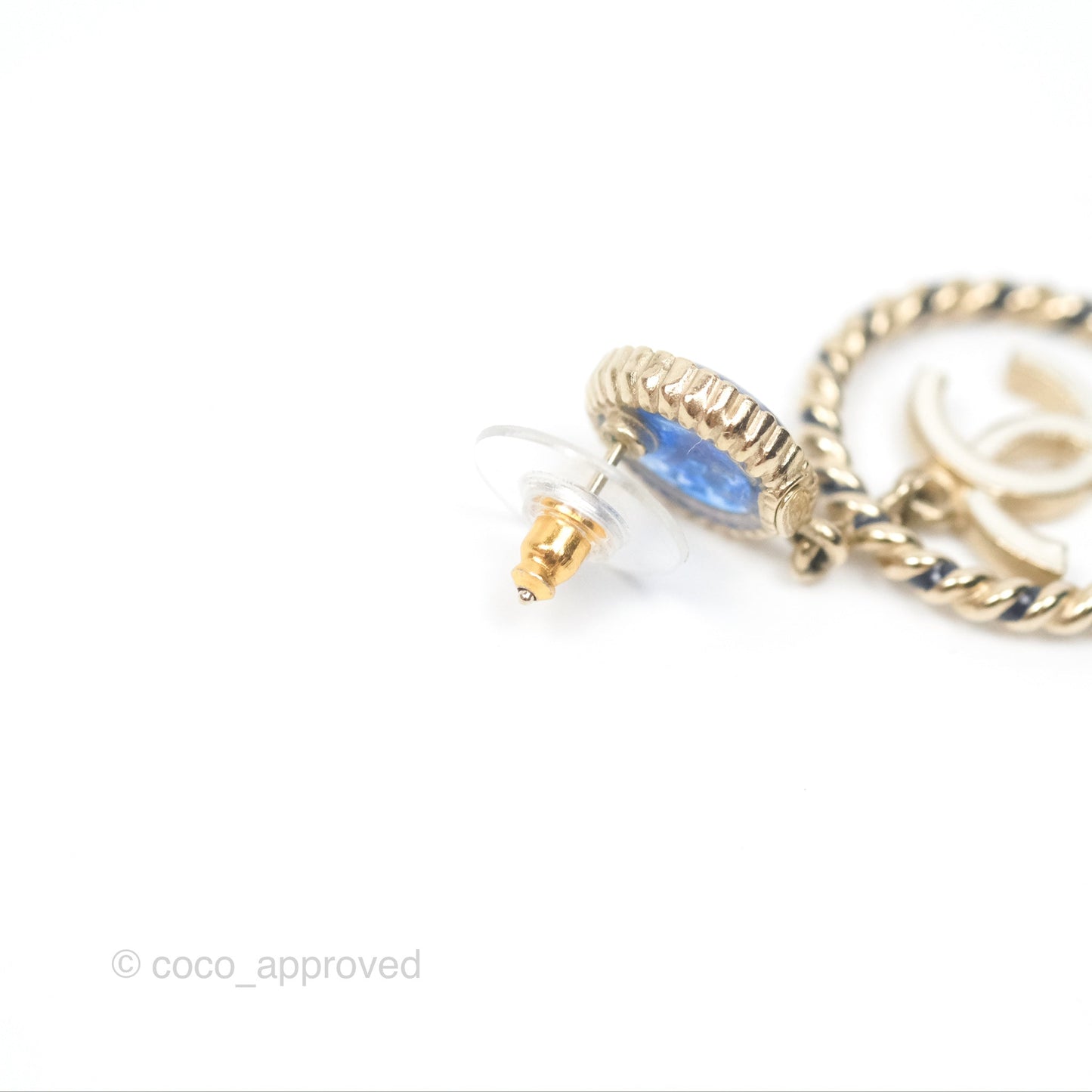Chanel Round Blue Star Twist Circle White CC Drop Earrings Gold Tone 19C