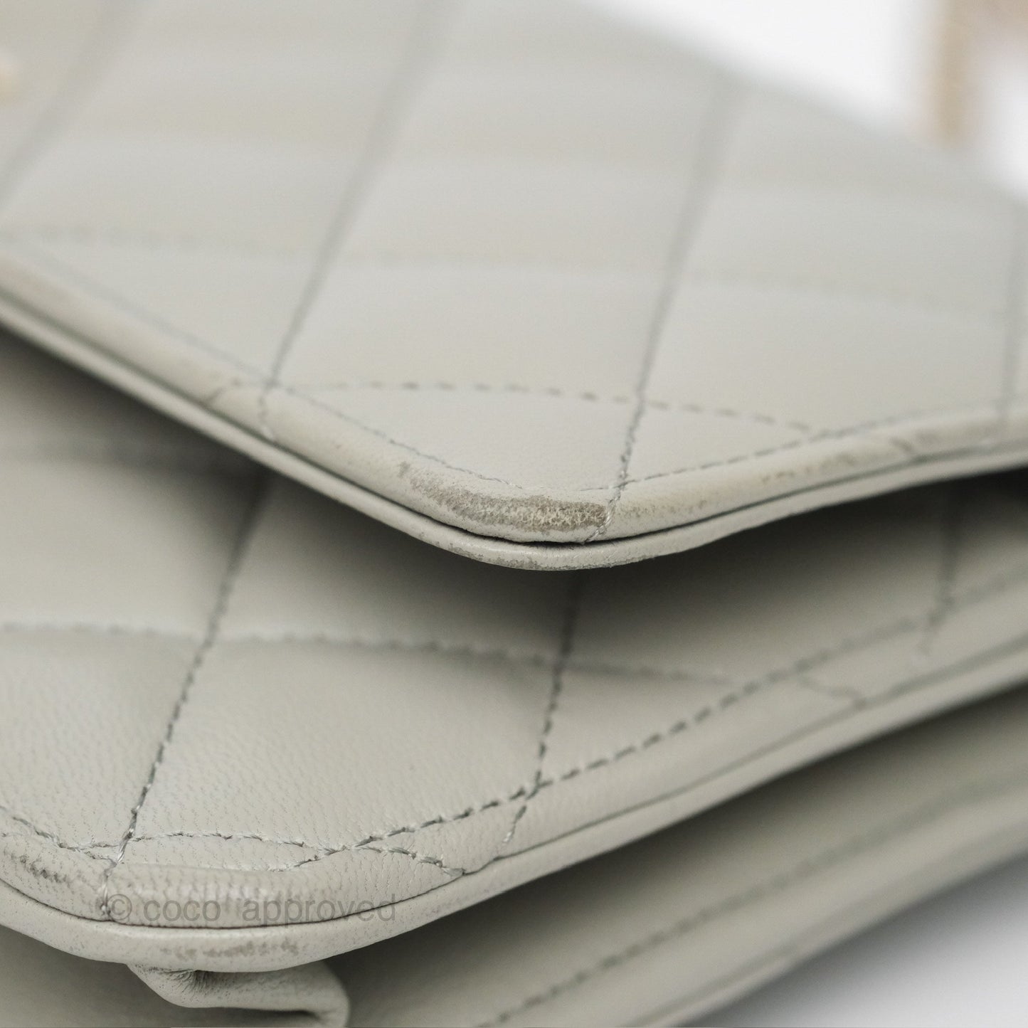 Chanel Classic Quilted Wallet on Chain WOC Light Grey Lambskin Gold Hardware