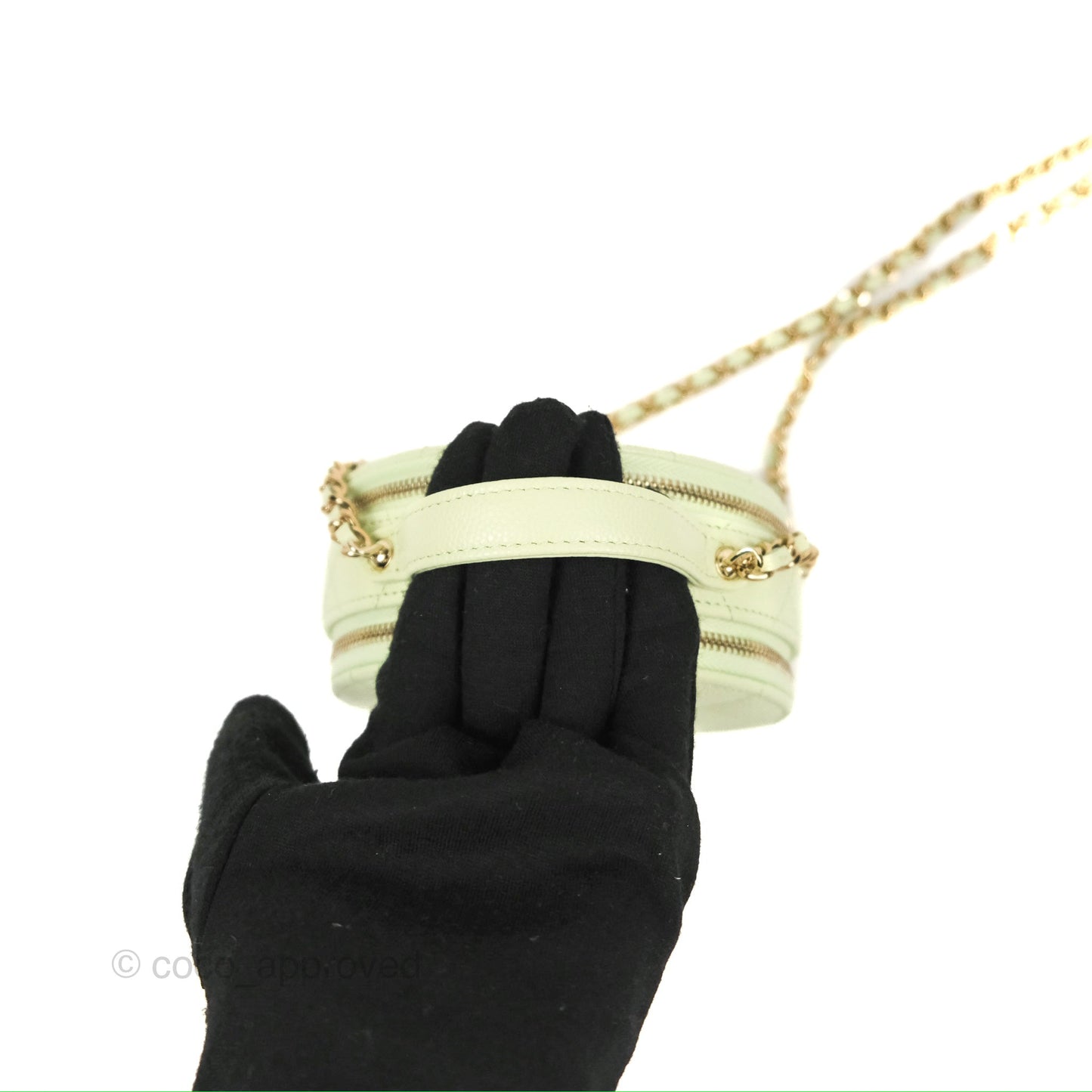 Chanel Mini Round Vanity Bag Handle With Care Light Green Caviar 22C
