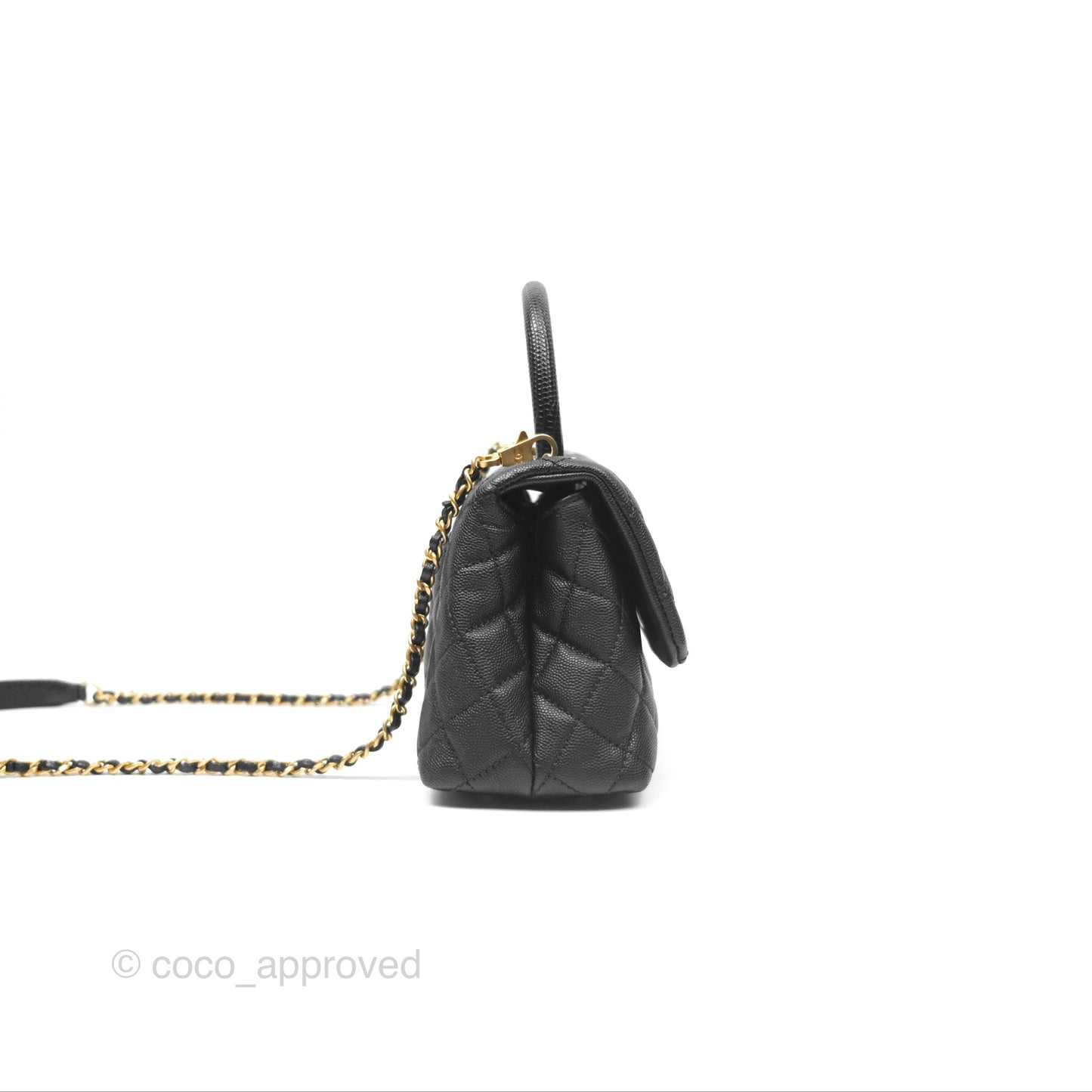 Chanel Small Coco Handle Quilted Black Caviar Aged Gold Hardware Lizard Handle
