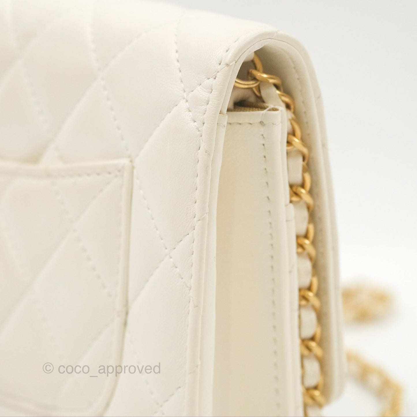 Chanel Quilted Pearl Crush Wallet on Chain WOC White Lambskin Aged Gold Hardware